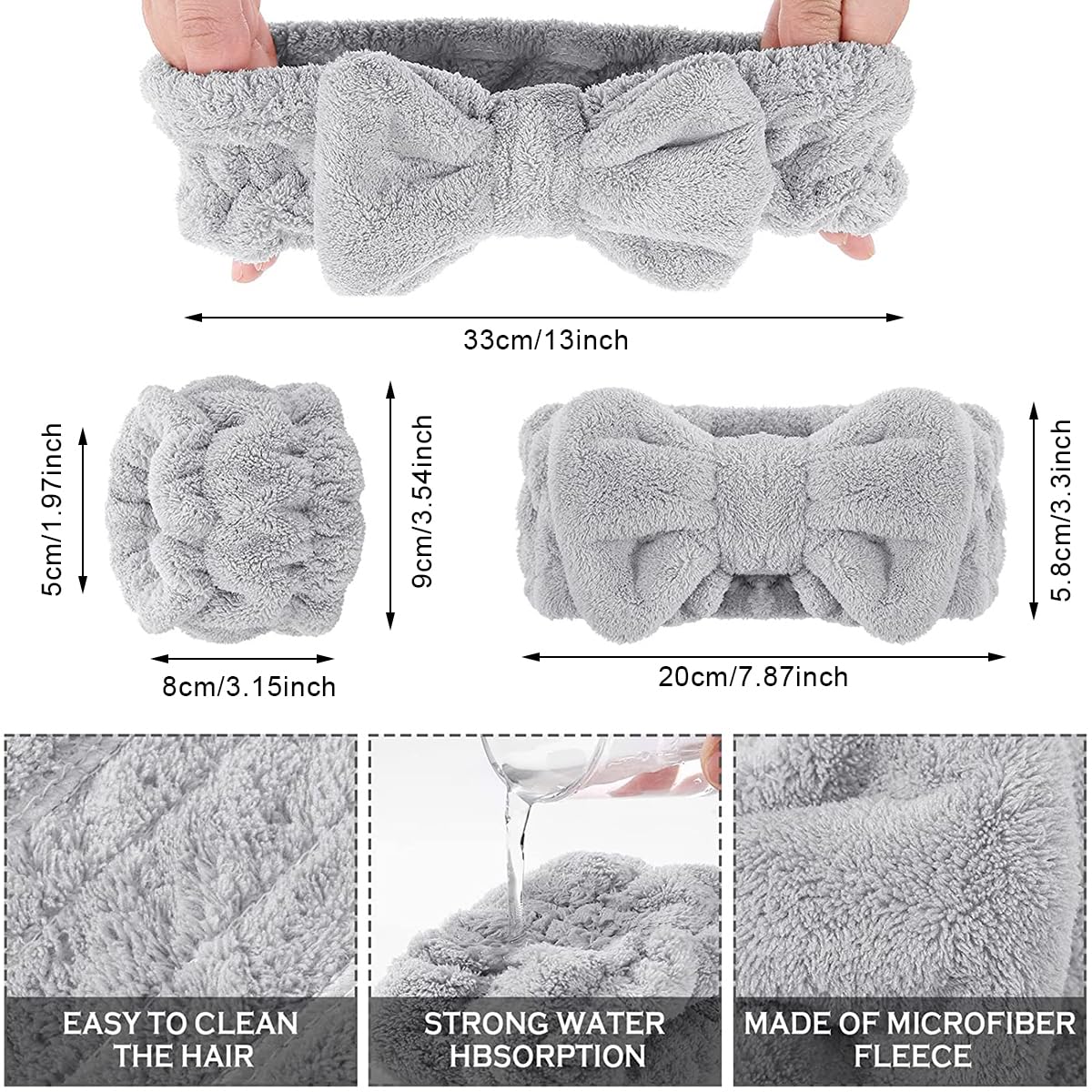 MAYCREATE Spa Headband & Wristband Set for Face Washing with Soft Flannel Bow | Grey