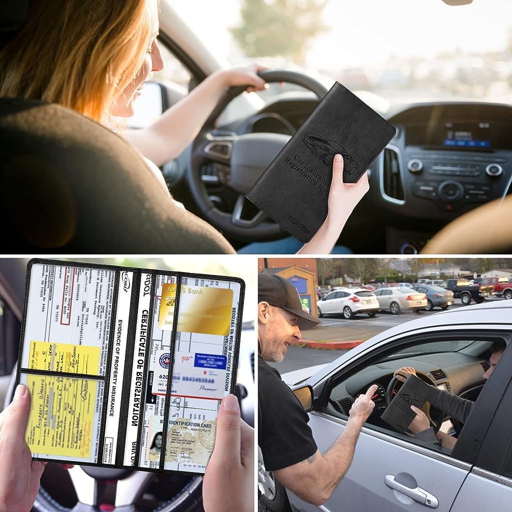 STHIRA Car Document Holder for Registration and Insurance Cards with 6 Pouches | 9.44 x 5.11 in Leather Wallet Case Organizer
