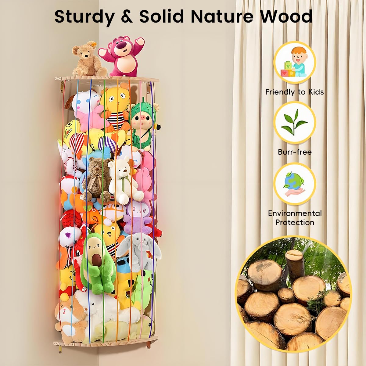 SNOWIE SOFT Wall Corner Organizer for Stuffed Toys featuring Elastic Rope Storage 44–77 in with Wooden Base and Roof | Space‑Saving Display for Kids Room