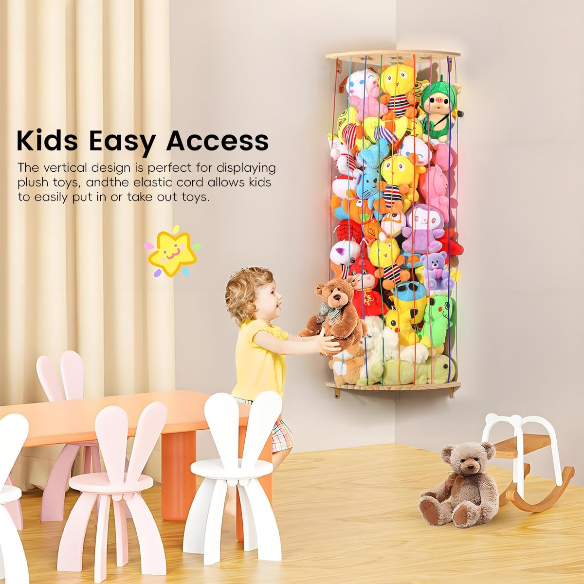 SNOWIE SOFT Wall Corner Organizer for Stuffed Toys featuring Elastic Rope Storage 44–77 in with Wooden Base and Roof | Space‑Saving Display for Kids Room