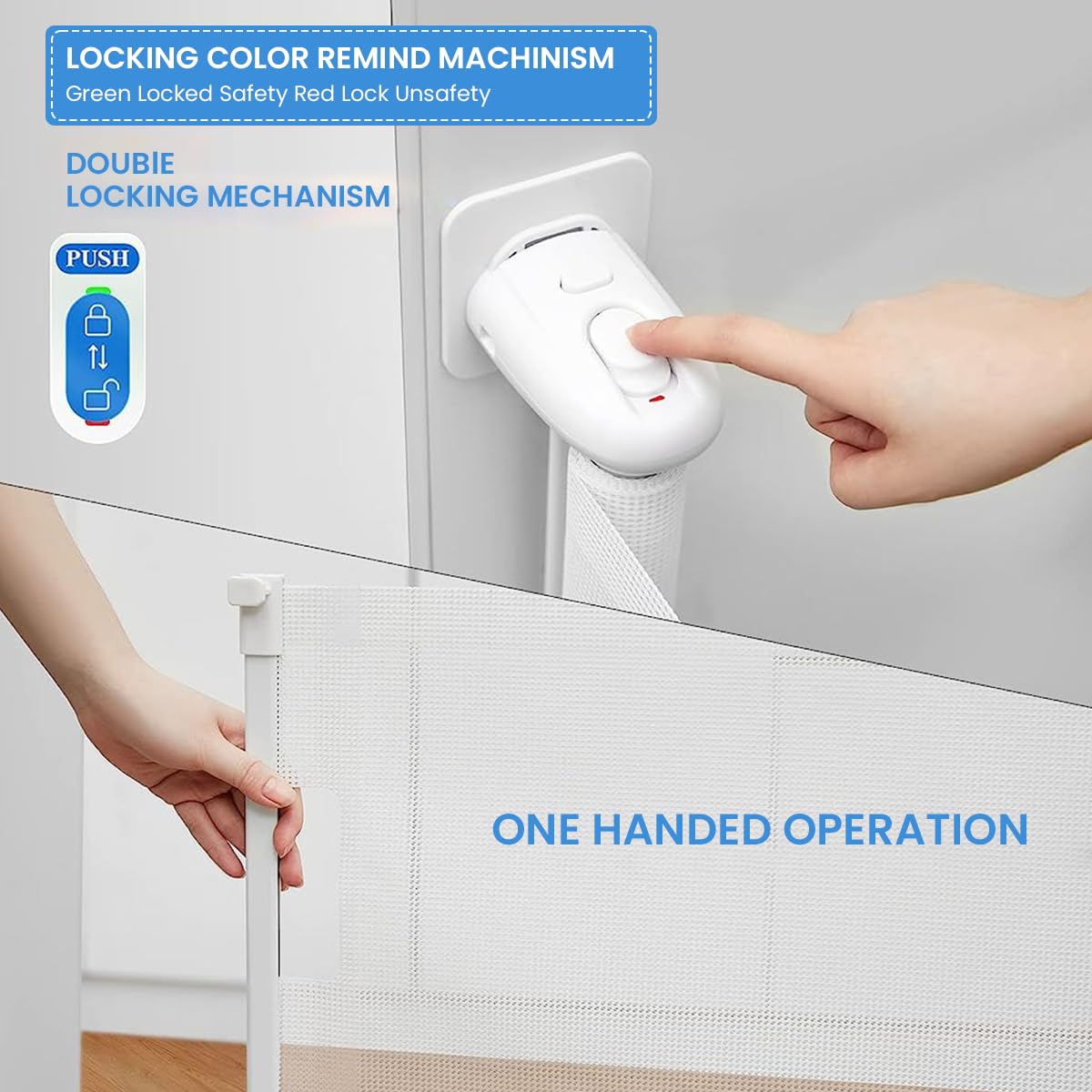 SNOWIE SOFT Retractable Baby Gate for Door and Stair with Pet Door 33 in Tall 55 in Wide | No Drill Reel Design Mesh Safety Barrier