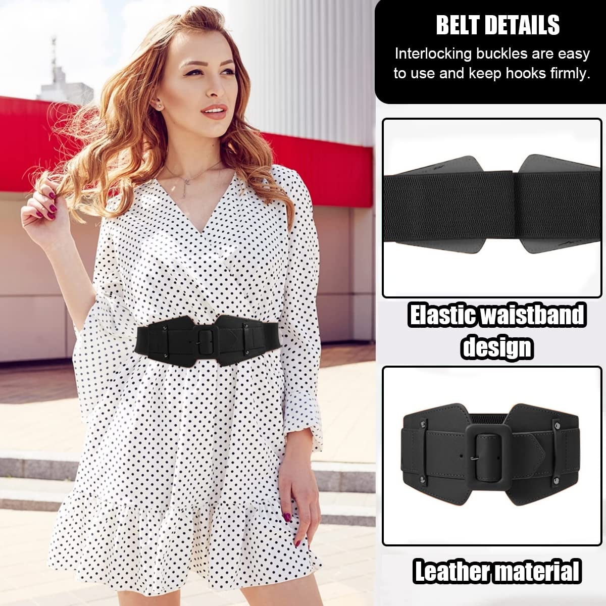 GUSTAVE Blouse Blazer Dress Buckle Belt for Women with Metal Interlocking Design 26.5–32 in Waist Fit | Black Elastic Style