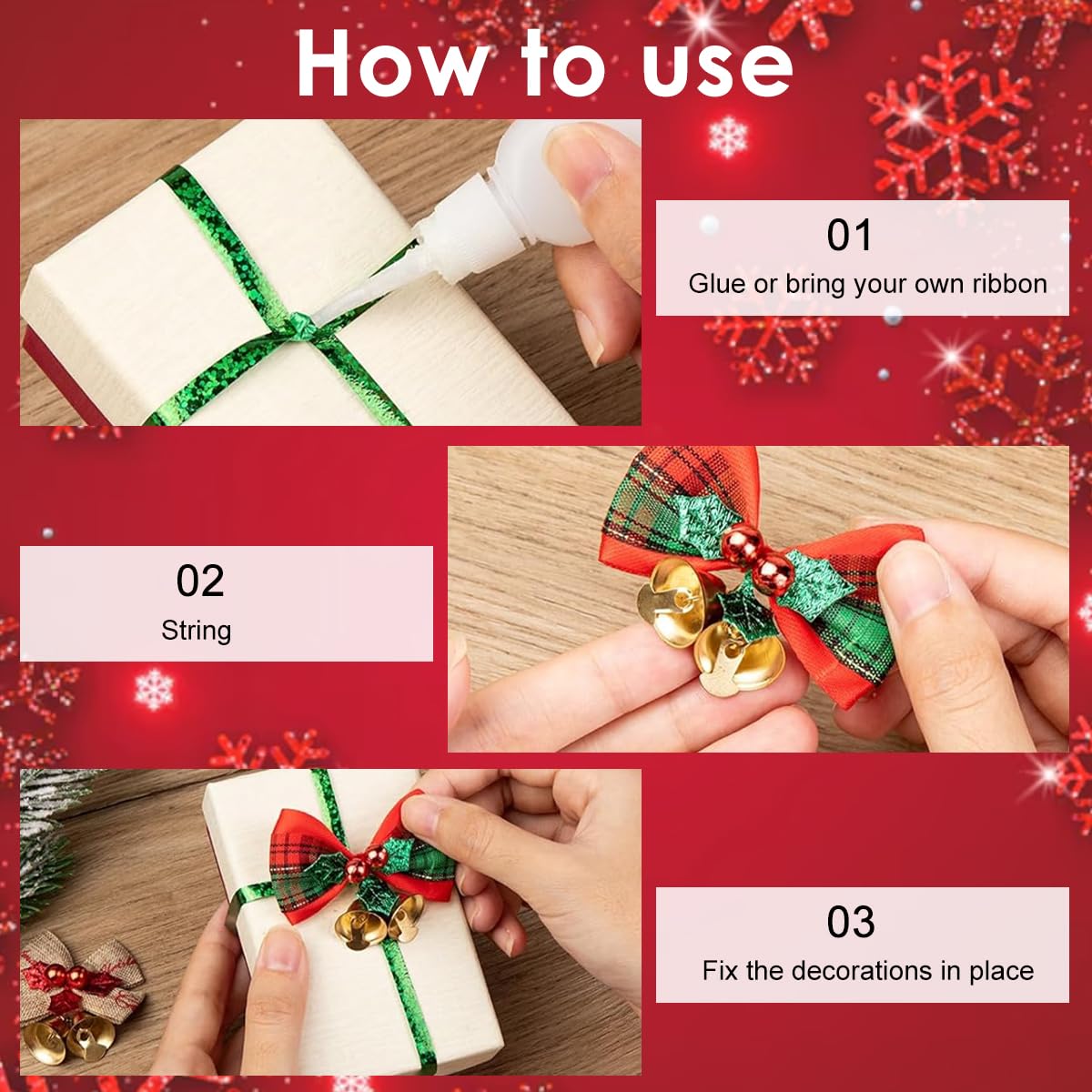 HASTHIP Christmas Bows with Bells for Tree and Gift Decor featuring Linen Ribbon | 8PCS