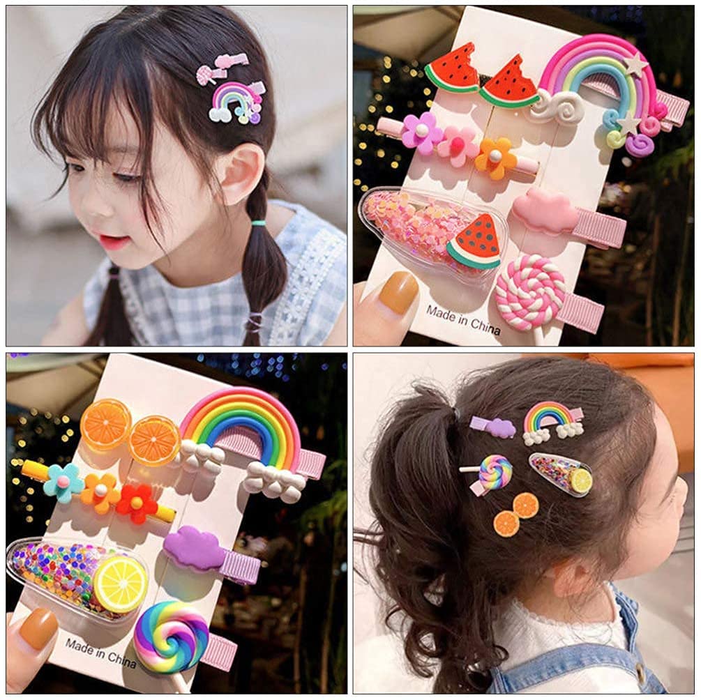 MAYCREATE Kawaii Hair Clips for Baby Girls featuring 18pcs Rainbow Fruit Designs | Silicone Hair Pins