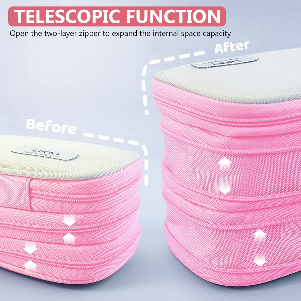 HASTHIP Large Capacity Pencil Case for Students with 3 Layers Foldable Design and Handle | Pink Canvas 22.5×9.5×11cm Organizer
