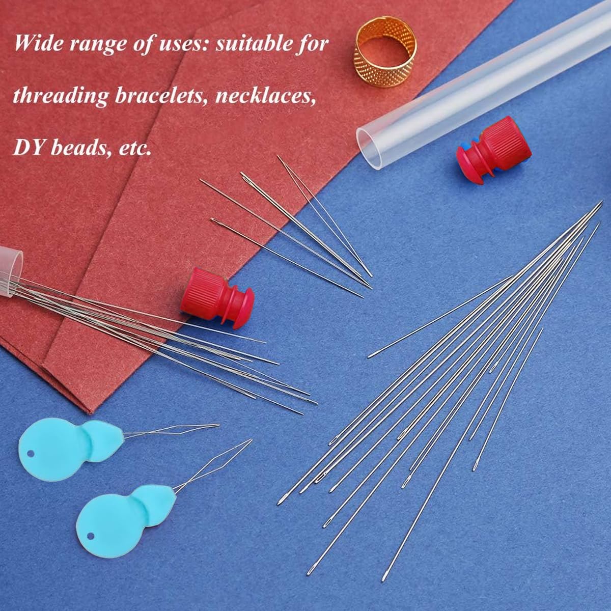 HASTHIP® 28Pcs Beading Needles Set, 20 Pcs Long Straight Beading Thread Needles and 8 Pcs Big Eye Beading Needles with Needle Bottle, Thimble, Needle Threaders for Bracelets and Jewelry Making