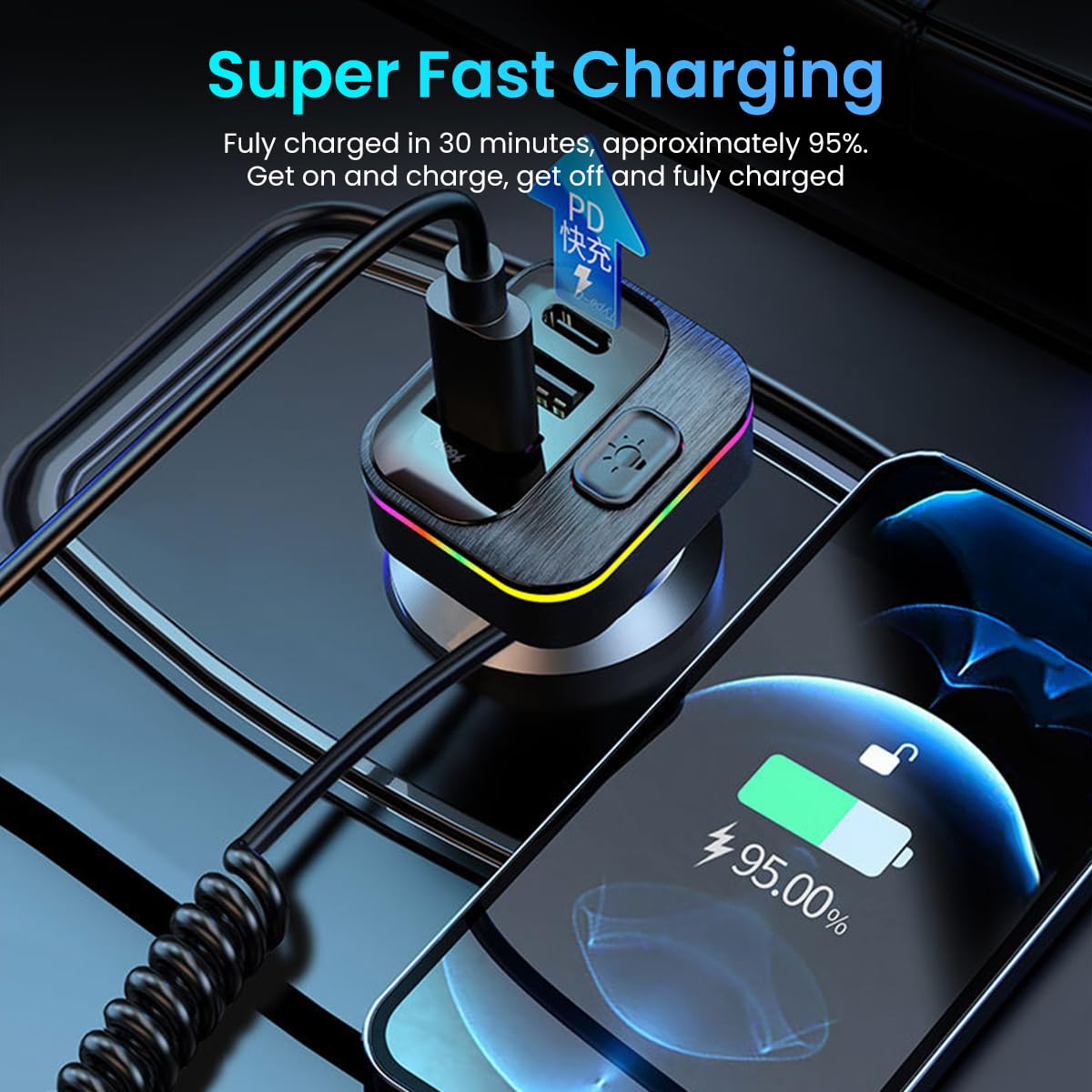 STHIRA Car USB Hub for 12 24V Vehicles with 6 Ports and PD 66W Fast Charging | LED Light Design