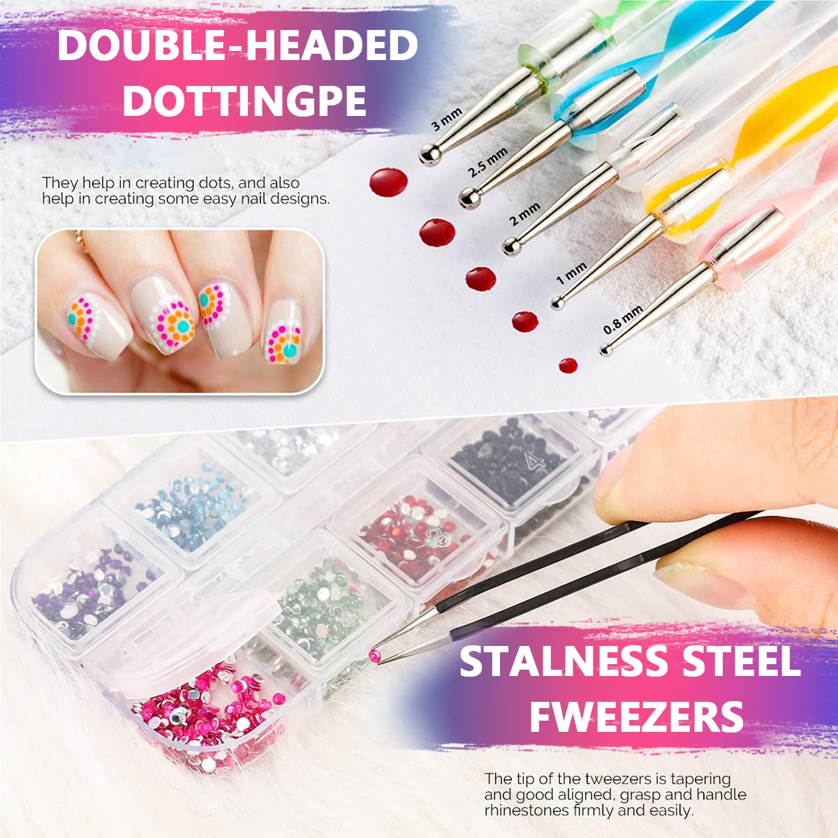 MAYCREATE Nail Art Kit for Girls with 15 Brushes 5 Rhinestone Pens and 10 Striping Tapes | 3D Stickers and Glitter Decorations for DIY Nails