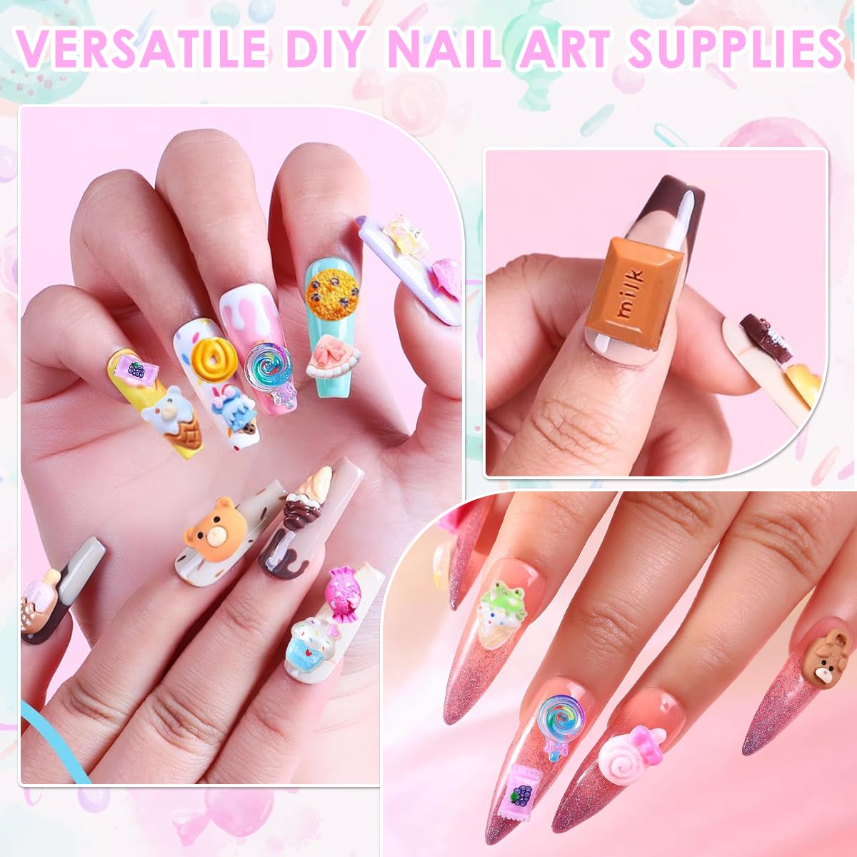 MAYCREATE 3D Candy Nail Charms for DIY Crafts featuring Lollipop and Gummy Bear Designs 2 PCS