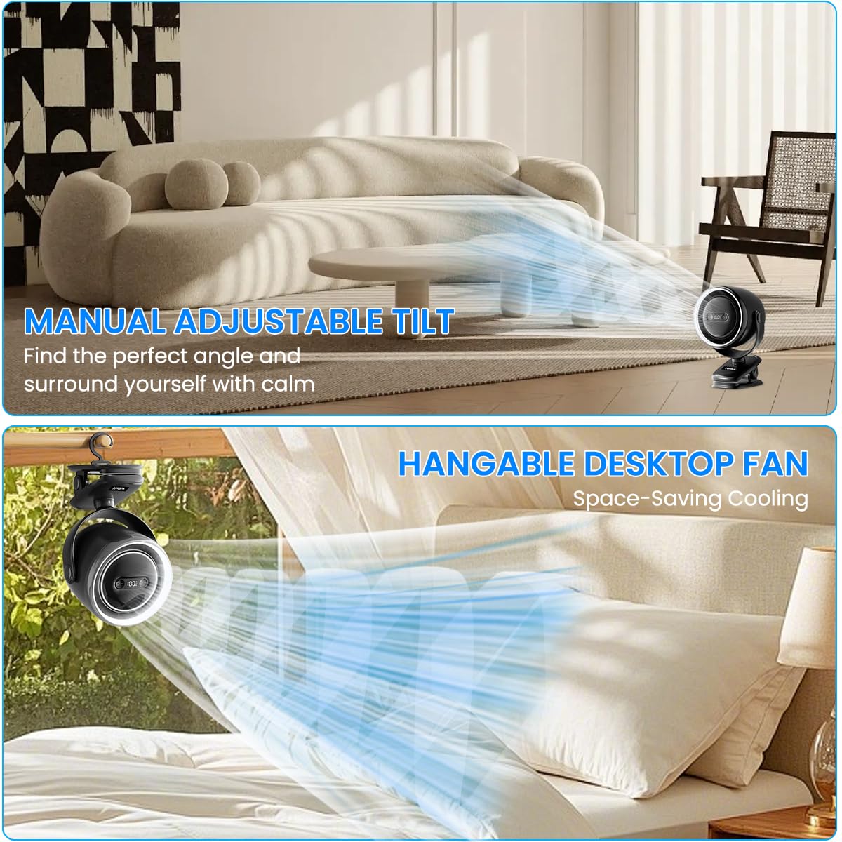 Verilux USB Mini Desk Fan for Home and Office with 7200mAh Battery featuring 360° Rotatable Clip | Night Light and Stepless Airflow Adjustment