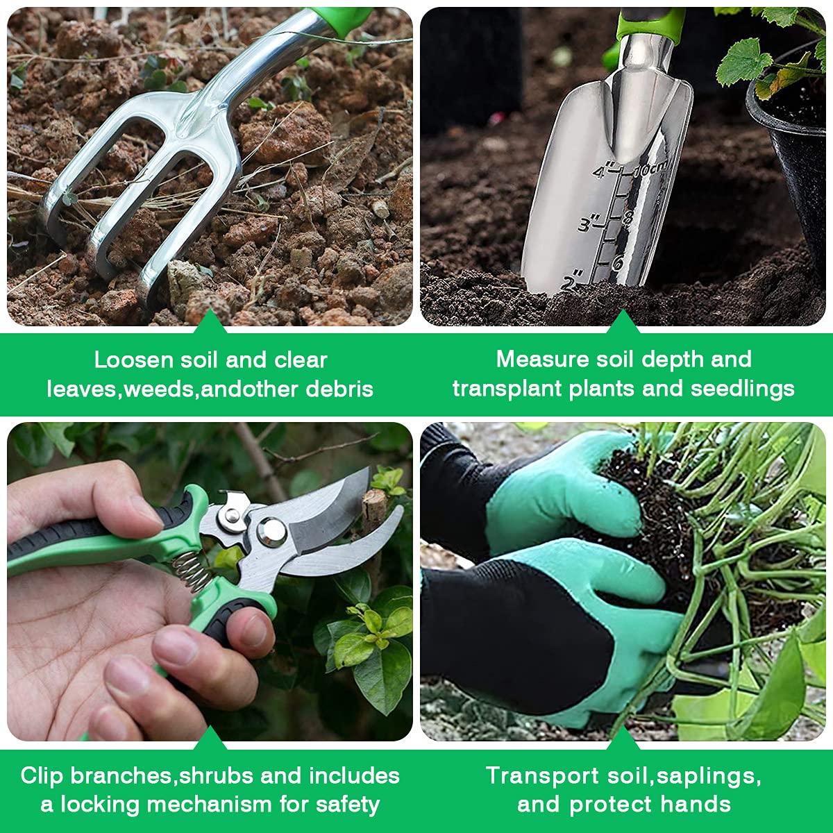 HASTHIP 4Pcs Garden Tools for Home Gardening Stainless Steel Heavy Duty Tools, Gardening Transplanting Spade, Cultivator, Pruner and Gardening Gloves, Farming Tools Garden Tool Sets