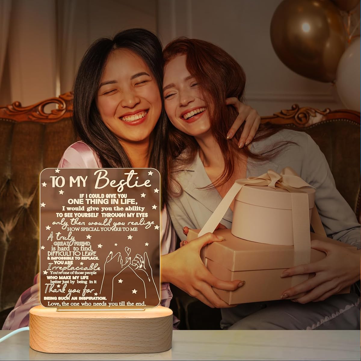 ELEPHANTBOAT® LED Acrylic Night Light Board with Wooden Base, 'To My Bestie' Friendship Gift, 3D Illusion Lamp I Love You Friends Night Light for Best Friend Sister Girls Birthday Friendship Gift