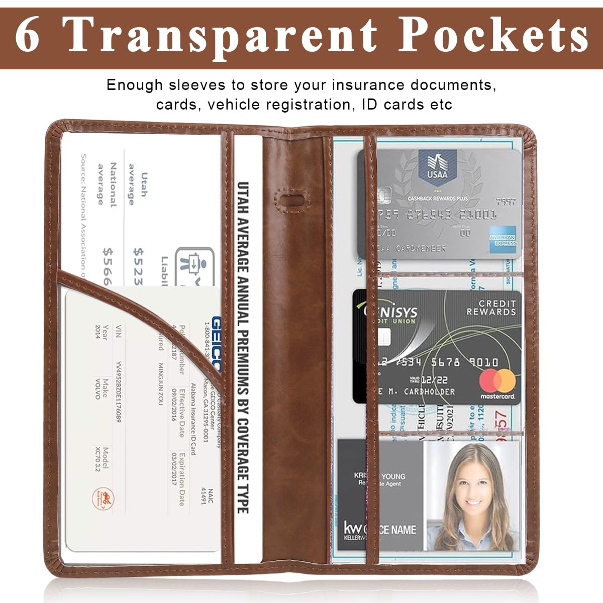 STHIRA Car Document Holder for Registration and Insurance with 6 Transparent Pouches | PU Leather Bifold Organizer for Vehicle Files and Cards