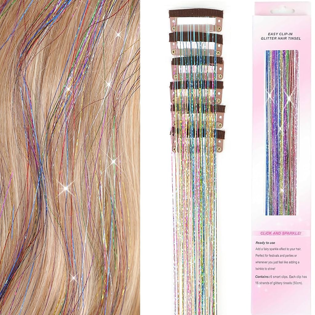 MAYCREATE® 6pcs Hair Tinsel Hair Extensions for Women Girls, Glitter 20'' Clip-in Fairy Hair Tinsels Highlight Sparkling Tinsel Clips for Party, Festival (Colorful)