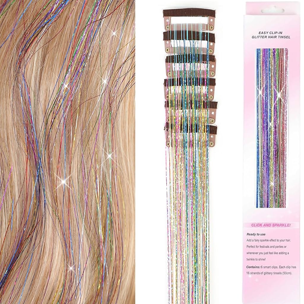 MAYCREATE Hair Tinsel Hair Extensions for Party and Daily Wear featuring Clip-in Design 6pcs 20.5in | Colorful Glitter Strands for Women and Girls