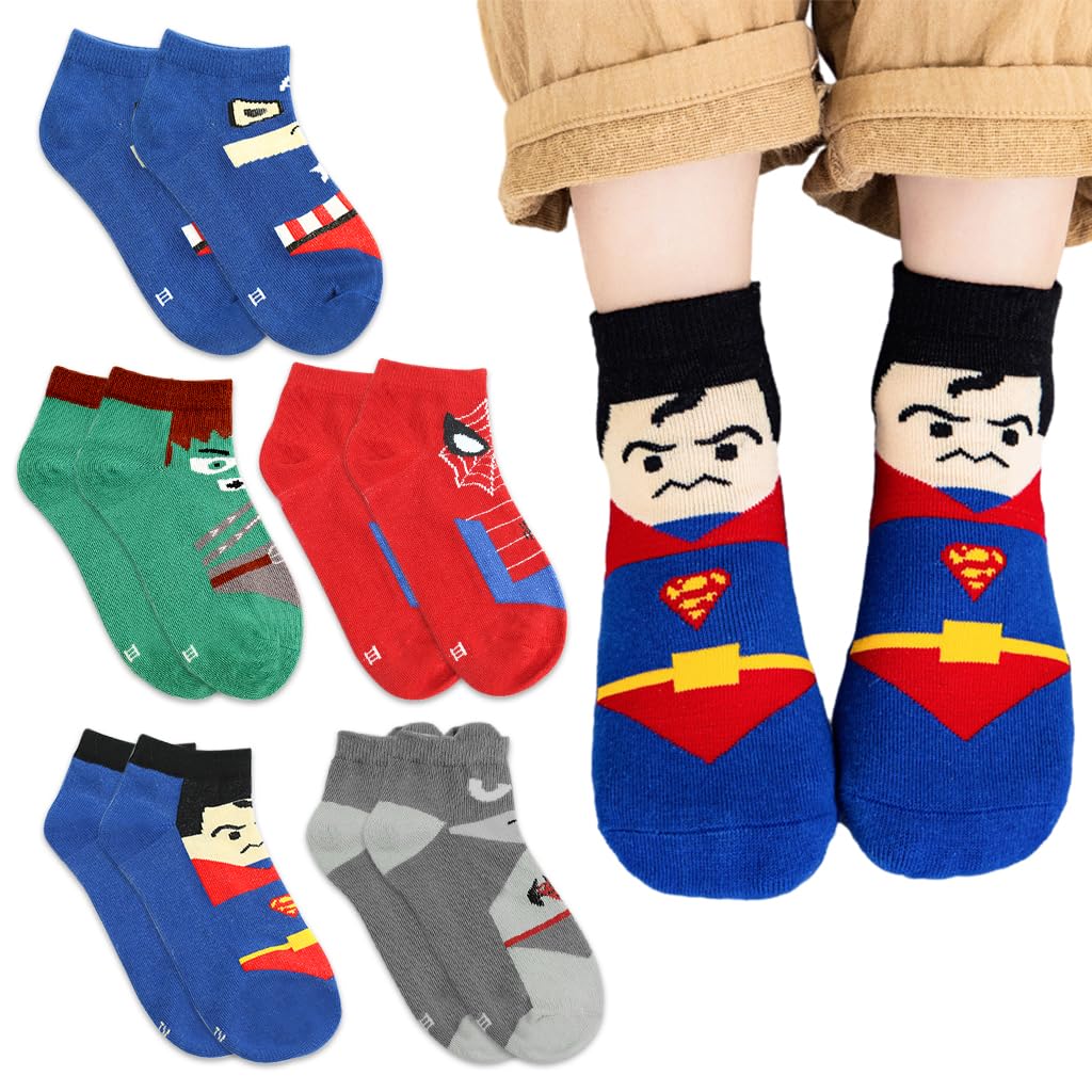 SNOWIE SOFT® 5 Pairs Socks for Kids, Superhero Cotton Boys Socks Cotton Long Socks for Boys Girls, Home Socks Ankle Socks Football Socks All Season Socks, Sports Socks Woolen Socks for Kids 9-12 Years