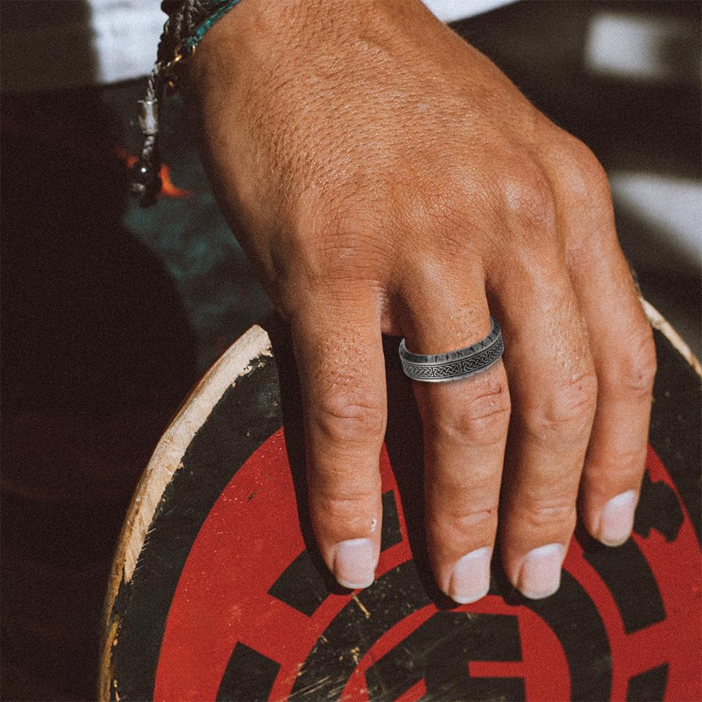 GUSTAVE Ring for Men with Celtic Knot and Rune Engravings in Titanium Steel | Viking Amulet Jewelry
