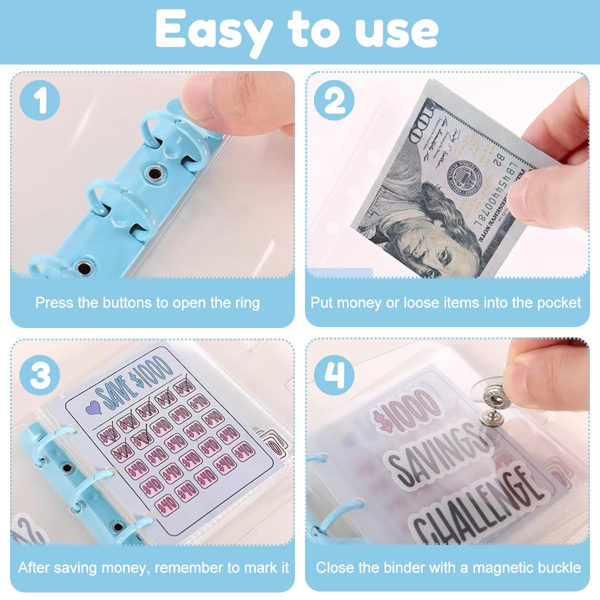 OFIFO Money Saving Box Binder for 1000 Challenge with PVC Cash Pockets and Snap Closure | Portable Piggy Bank for Adults