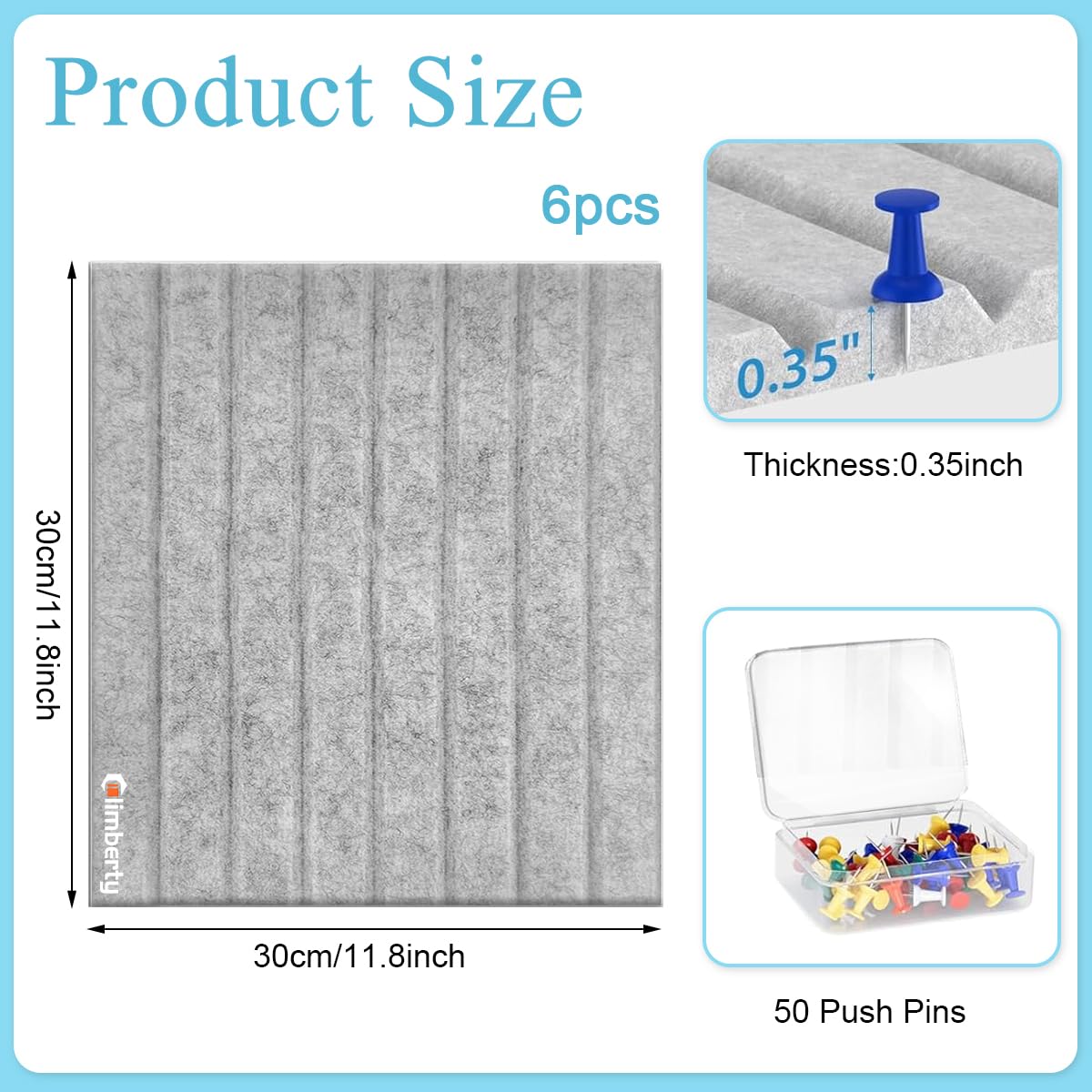 Climberty Felt Bulletin Board Set for Home and Office with 30x30cm Panels and 50 Pins | Self-Adhesive Grey Organizer