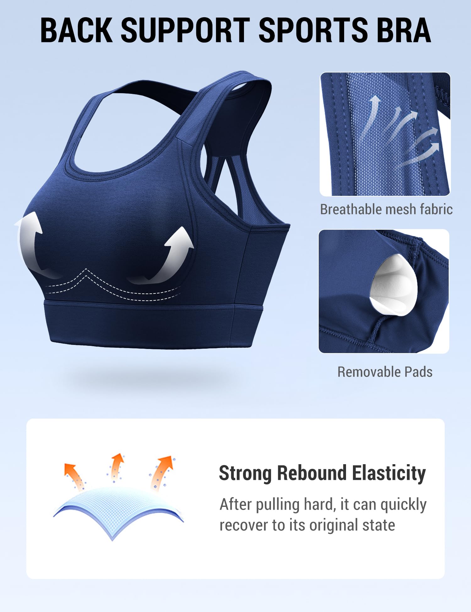 Venzina Sports Bra for Women with Removable Pads featuring Breathable Mesh | Navy Blue