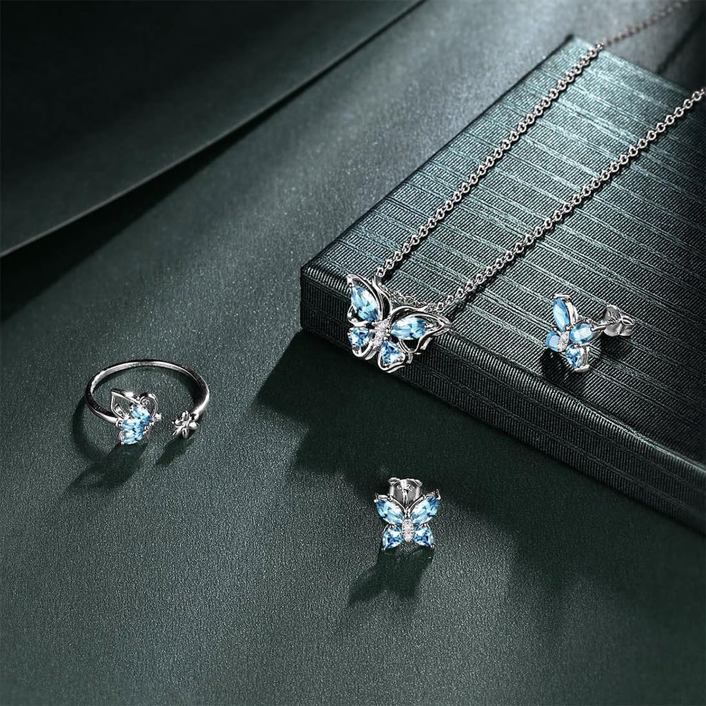SANNIDHI Jewellery Set featuring 4 Pcs Crystal Butterfly Necklace Ring and Earrings for Women Girls | Blue Gift Collection
