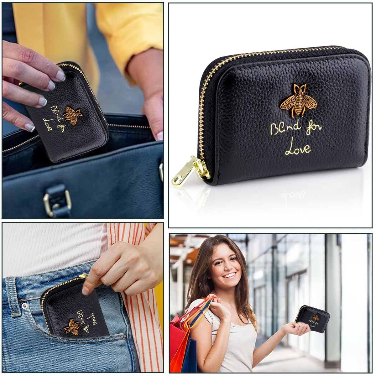 PALAY Women Card Bag with 12 Card Slots and RFID Blocking 10.5x8cm PU Leather Black