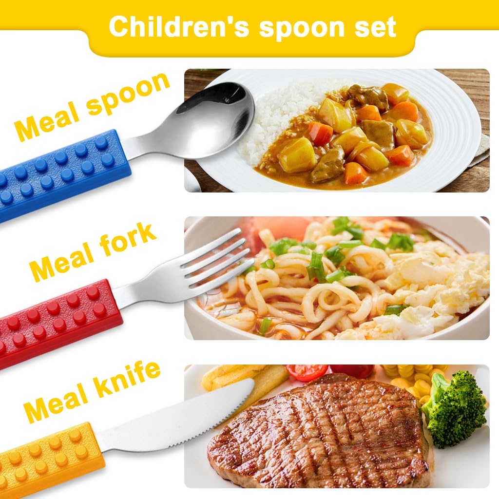 Supvox Kids Cutlery Set for Mealtime Fun with Colorful Building Block Handles and 3 Pieces