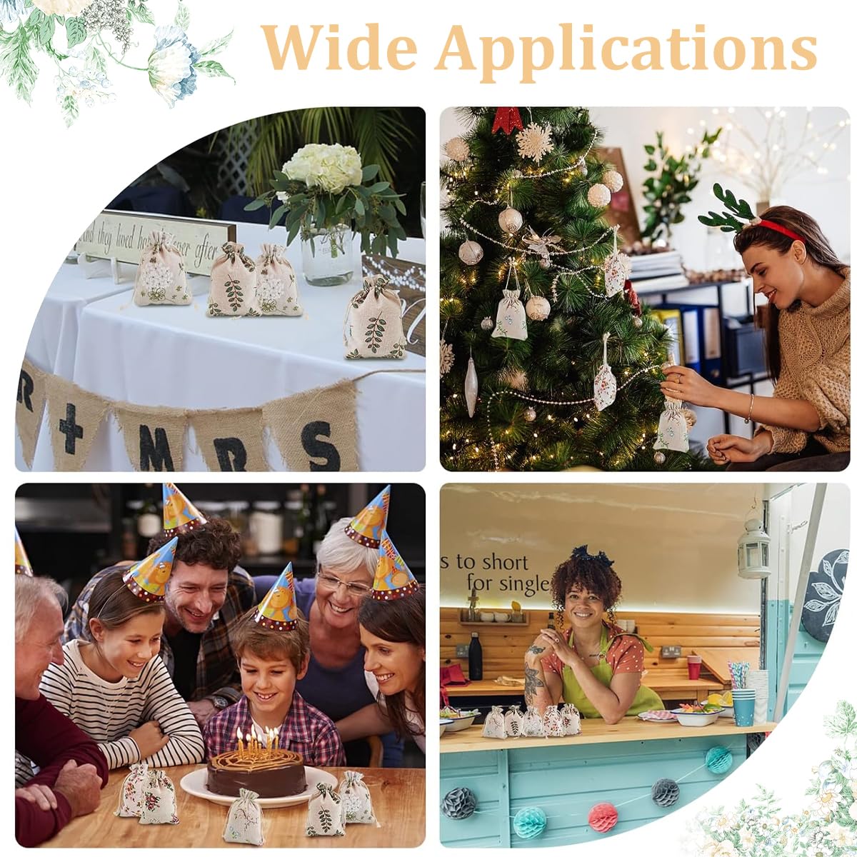 HASTHIP Drawstring Gift Bags for Return Gifts with 20pcs 13x18cm Cotton Flax Fabric | Reusable Rustic Floral Pouches