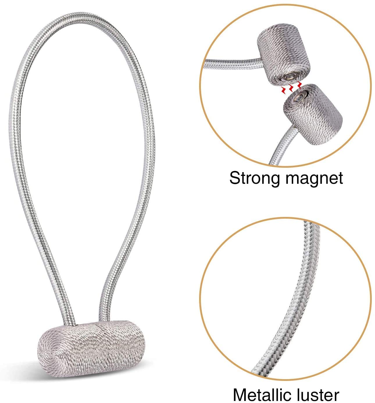 HASTHIP Curtain Tiebacks for Drapes with Strong Magnetic Hold 48cm Rope | Silvery Decorative Holdbacks