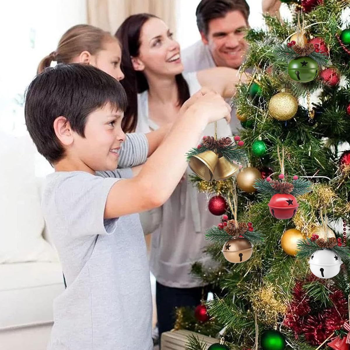 HASTHIP Christmas Jingle Bells for Tree and Home Decor featuring Hemp Rope Hanging | 5PCS 3.9 in Metal Ornaments