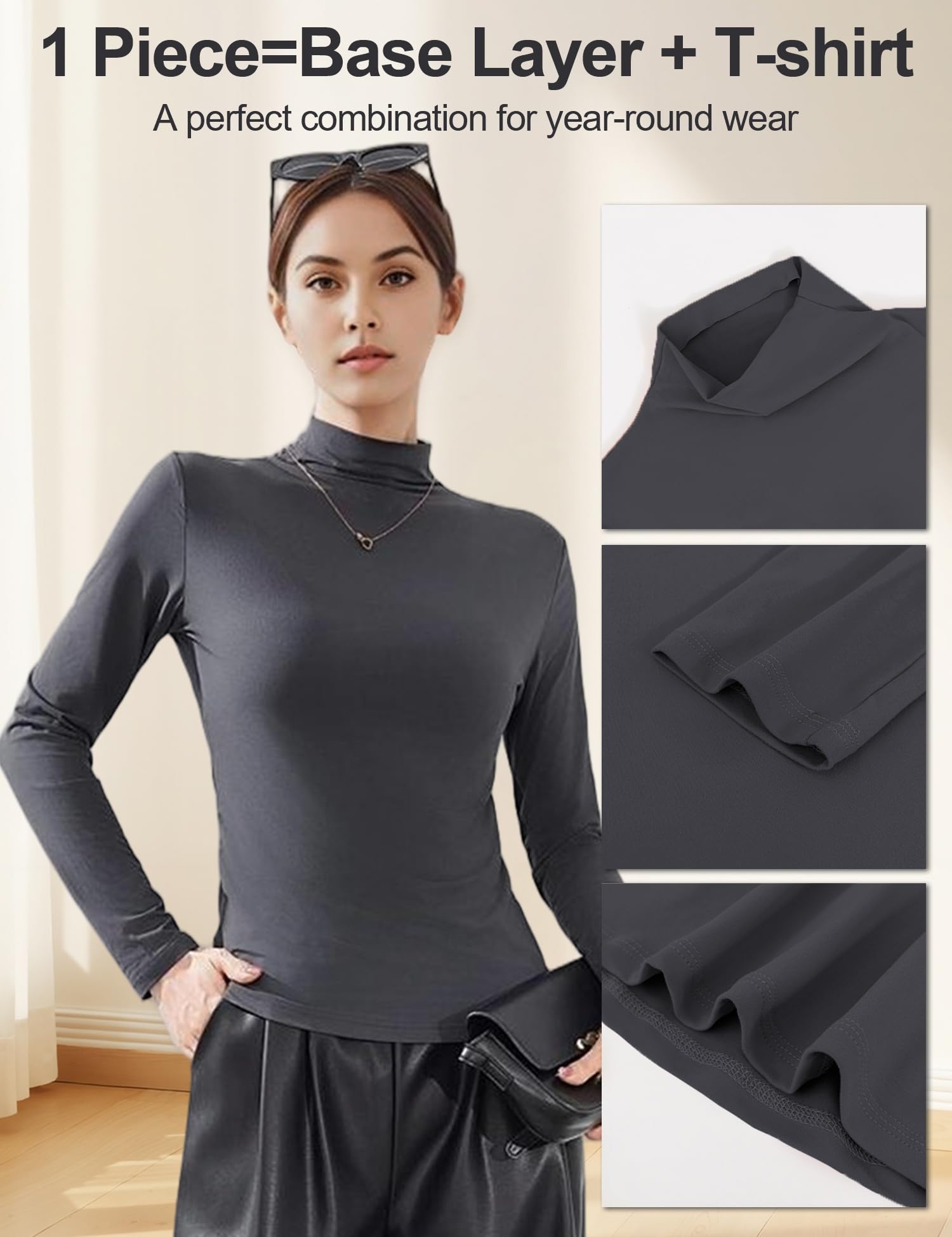 Venzina Women’s Long Sleeve Mock Neck Top for Layering with Stretch Fabric | Grey L
