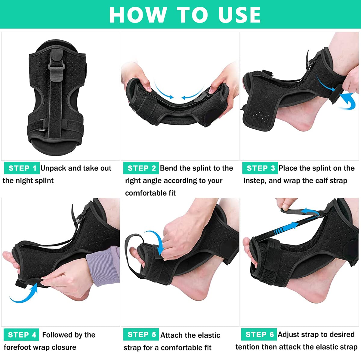 HANNEA Plantar Fasciitis Splint for Day and Night Pain Relief with 70°–90° Flexible Alloy Support | Includes Massage Ball and 2 Arch Pads