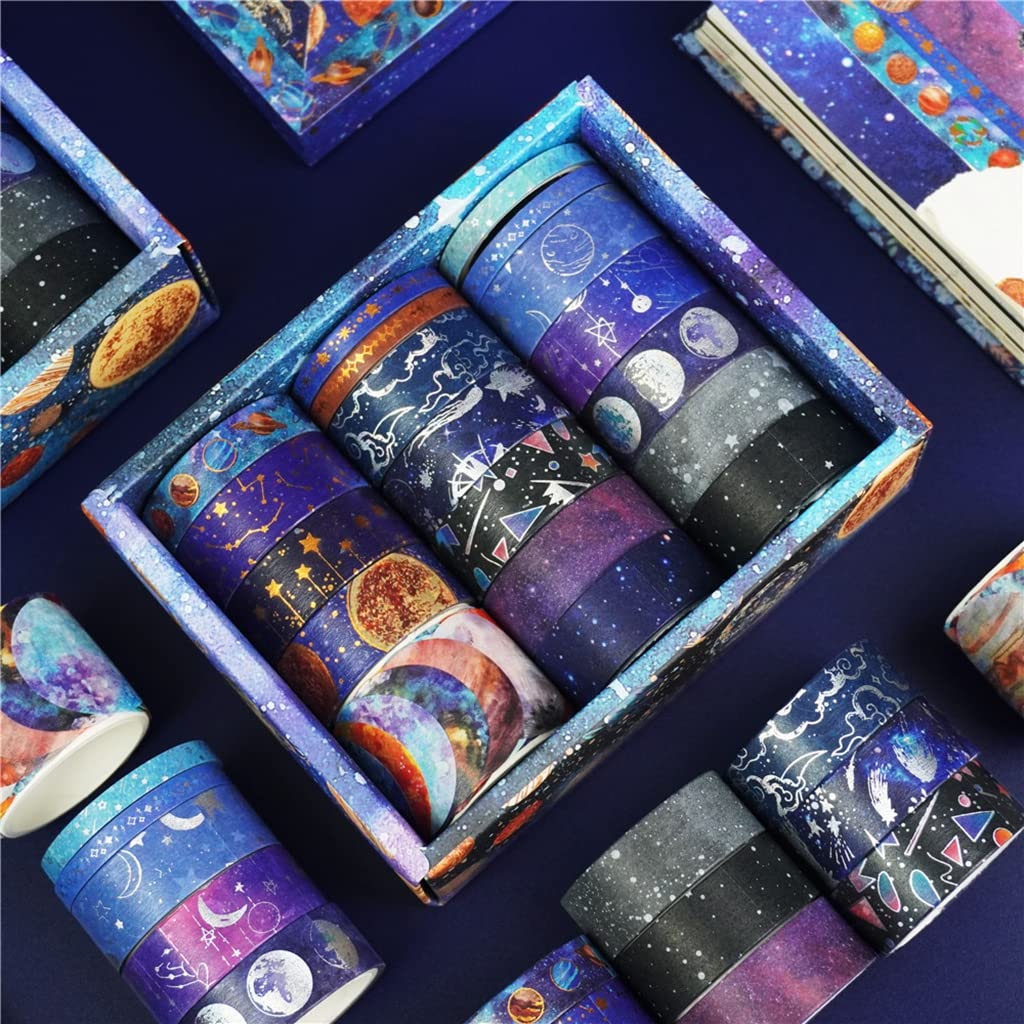 HASTHIP Washi Tape Set for Journals and Scrapbooking featuring 19 Rolls Gold Foil Galaxy Design