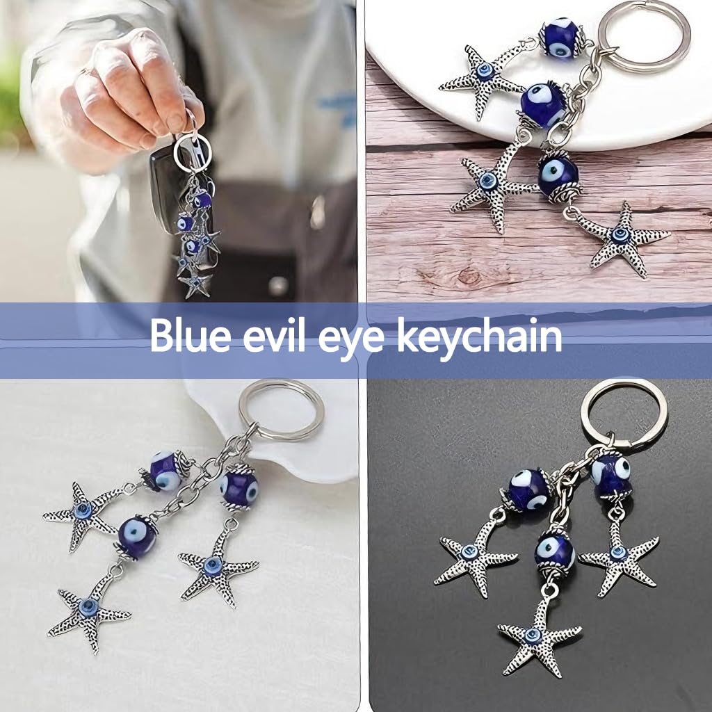 Zibuyu Creative Blue Evil Eye Keychain with Starfish Design Alloy and Colored Glass | Protective Charm for Keys Cars Bags and Home Decor