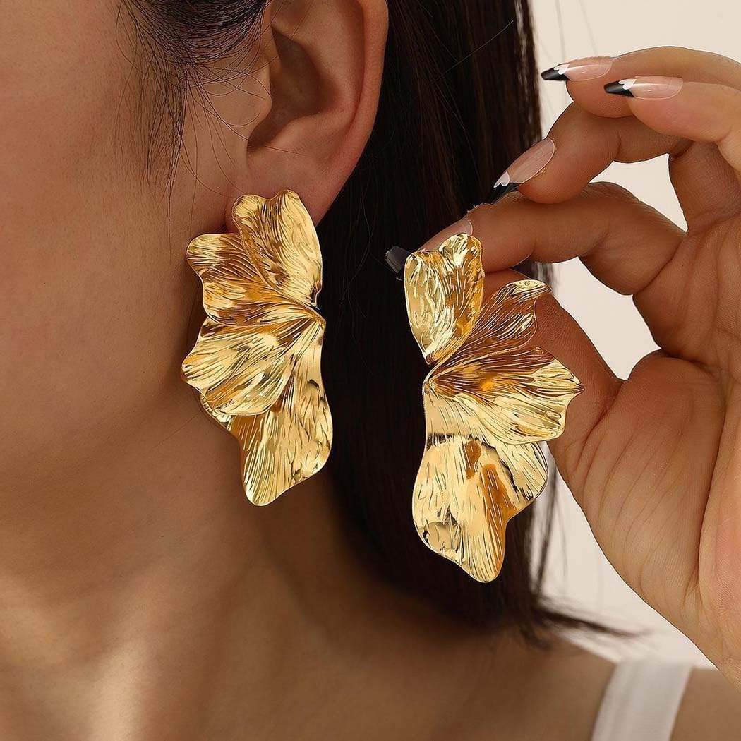 SANNIDHI Earrings for Women featuring Layered Ginkgo Leaf Design with Gold Tone Finish 2.95×1.3 in | Lightweight Stud Style