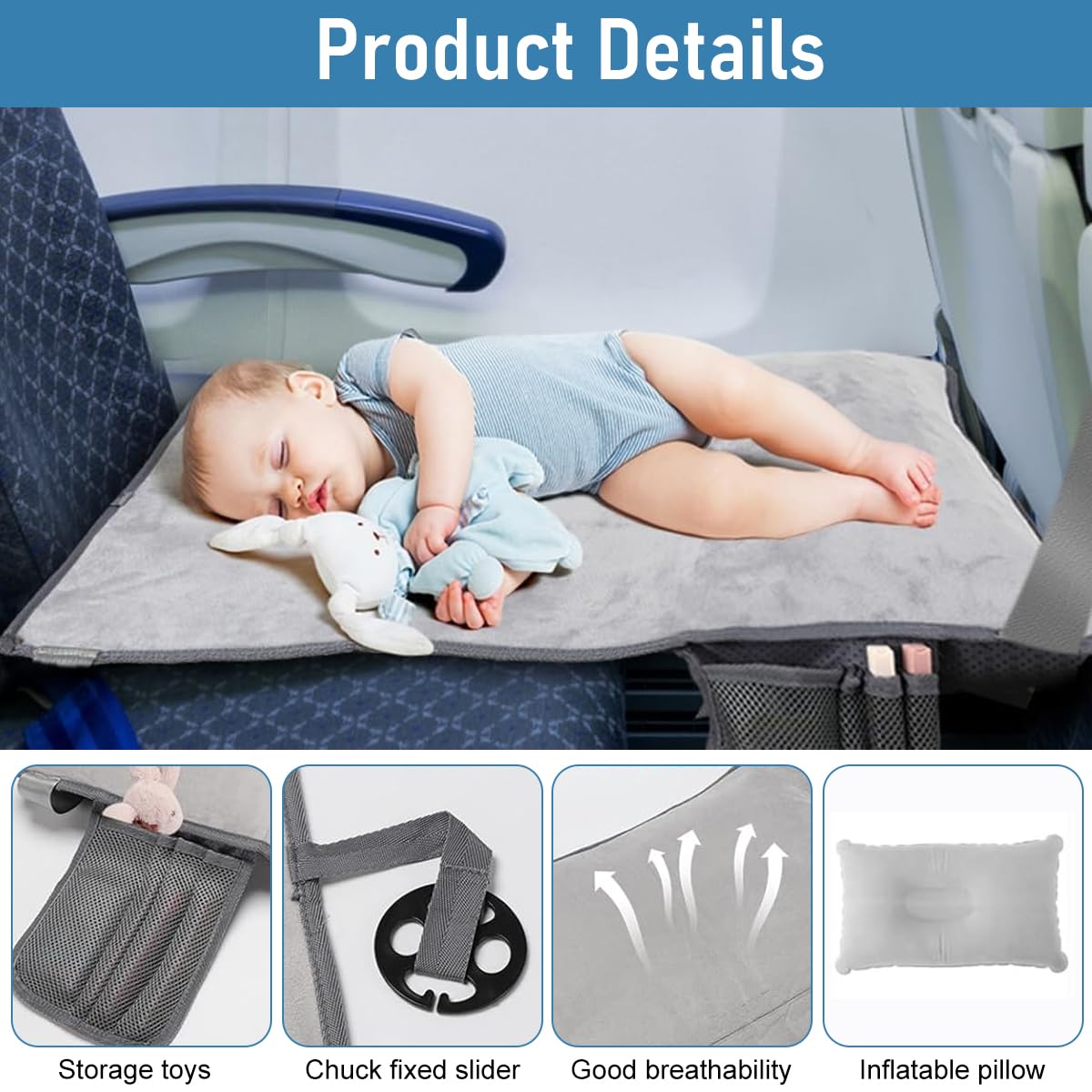 SNOWIE SOFT Seat Footrest for Kids Travel featuring 30.7x18.9 in Inflatable Pillow | Velvet Extender