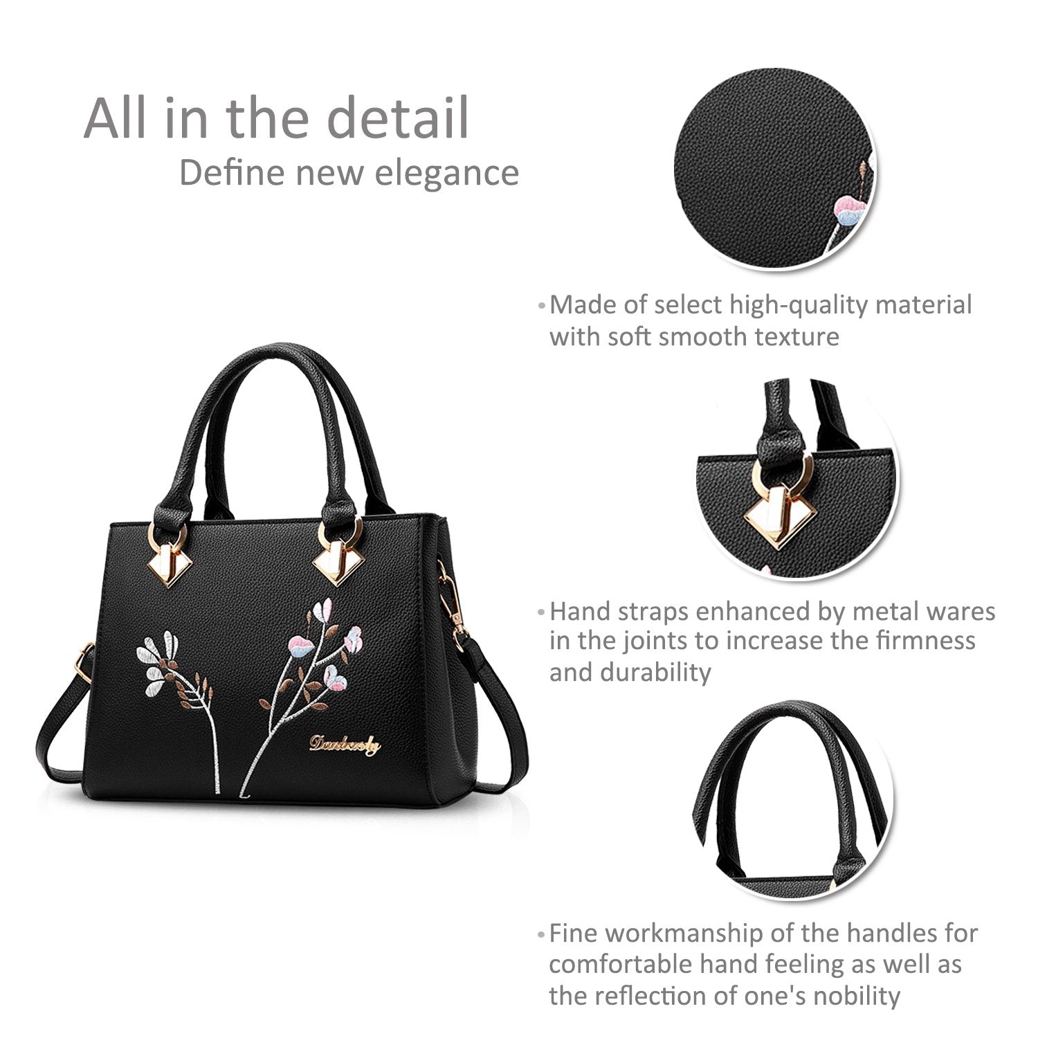 PALAY Handbag for Women with 5 Inside Pockets and Detachable Strap 26×10×20cm PU Leather Black