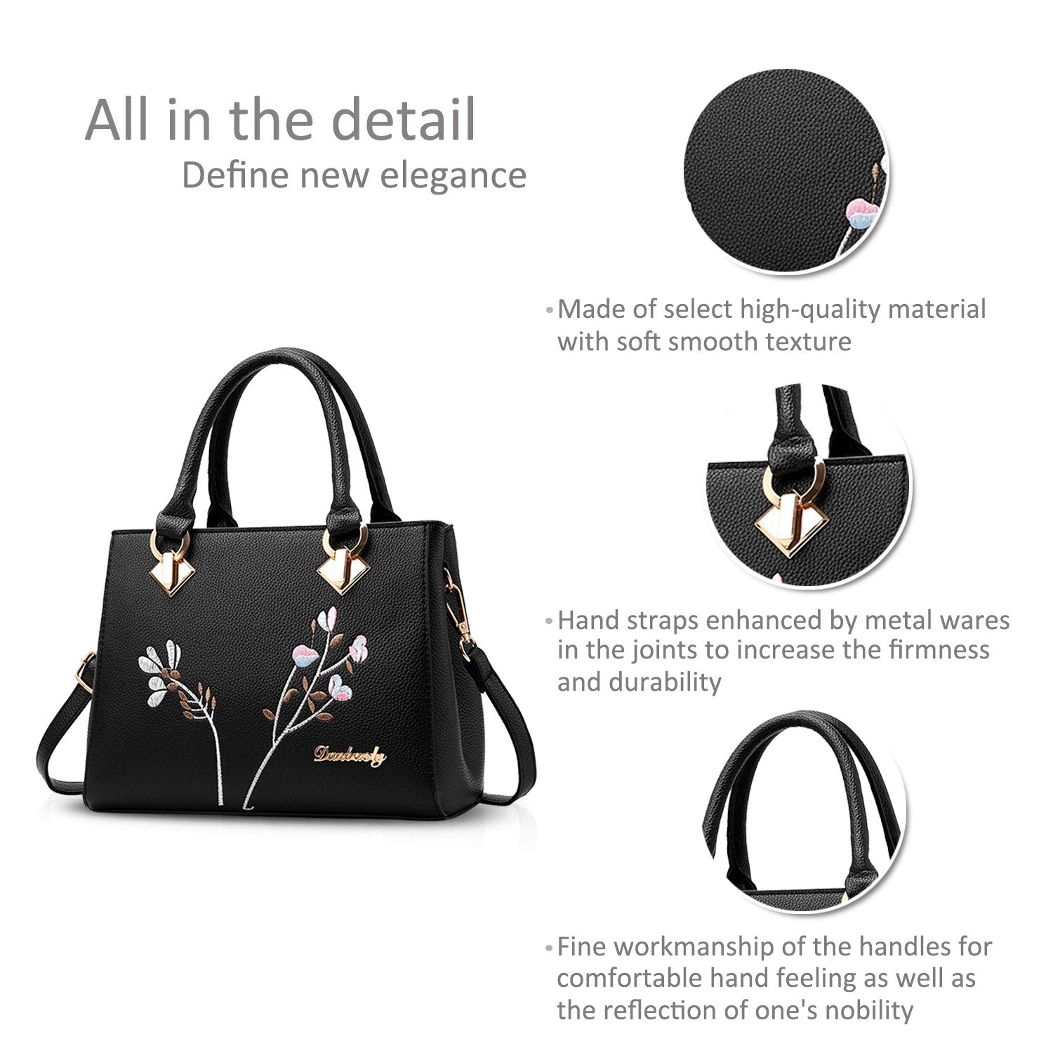 PALAY® Handbags For Women Handle Bag Shoulder Bag Tote Bag, Ladies Purse PU Handbag Exquisite Embroidery Classic Black Handbag Women Gift Birthday Girls