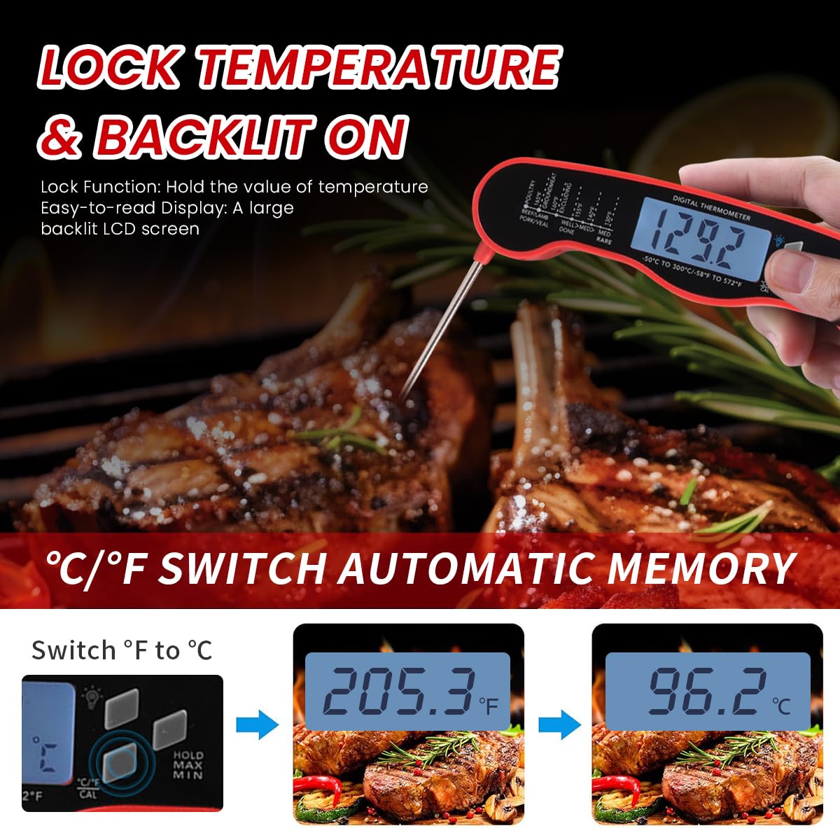 HASTHIP® Meat Thermometer Digital for Grilling and Cooking, Waterproof Ultra-Fast Instant Read Food thermometers with Folding Probe Backlight & Calibration for Kitchen, Deep Fry, BBQ, Grill