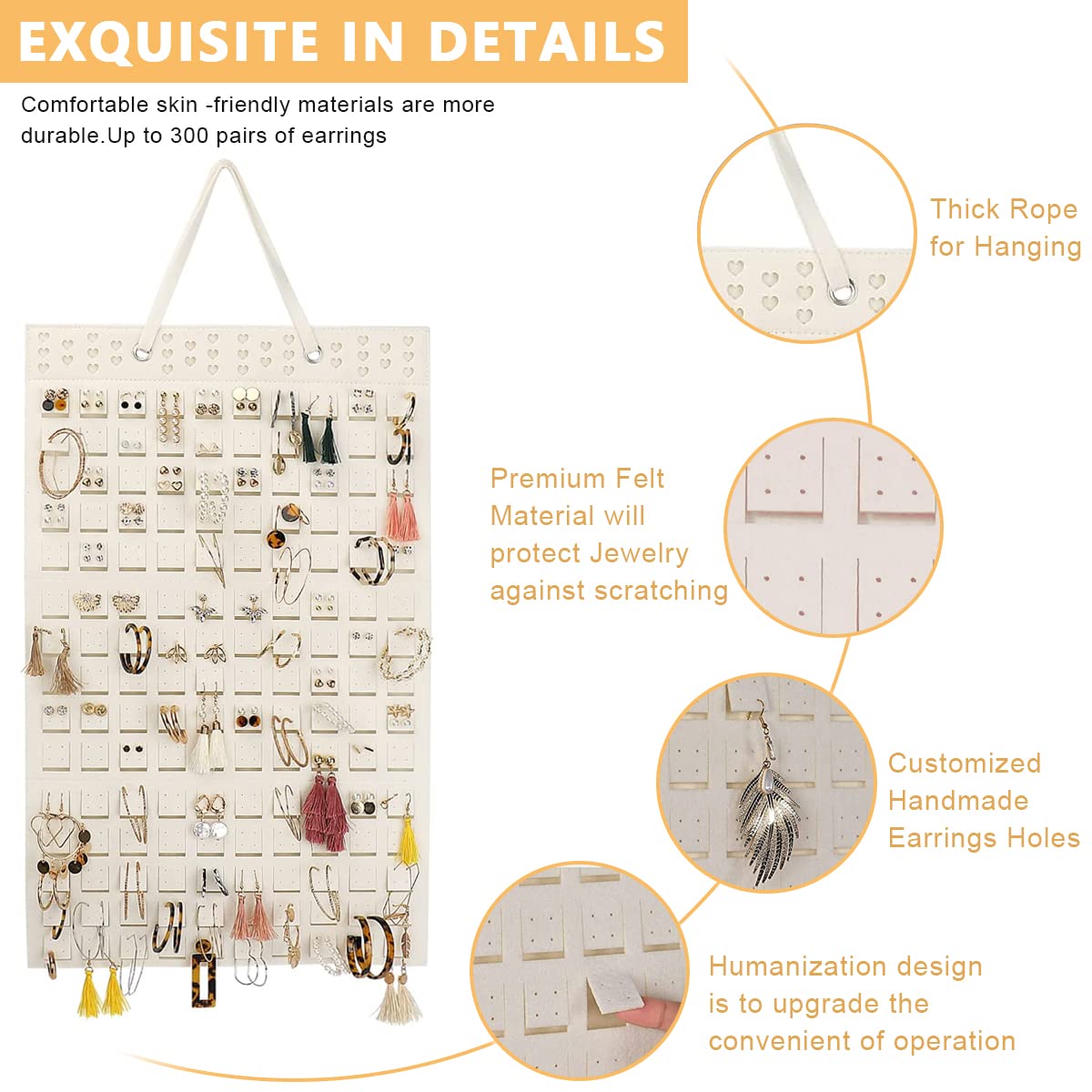 HASTHIP Felt Hanging Earring Organizer for 300 Pairs with 22.5x13.6 in Wall Display | White