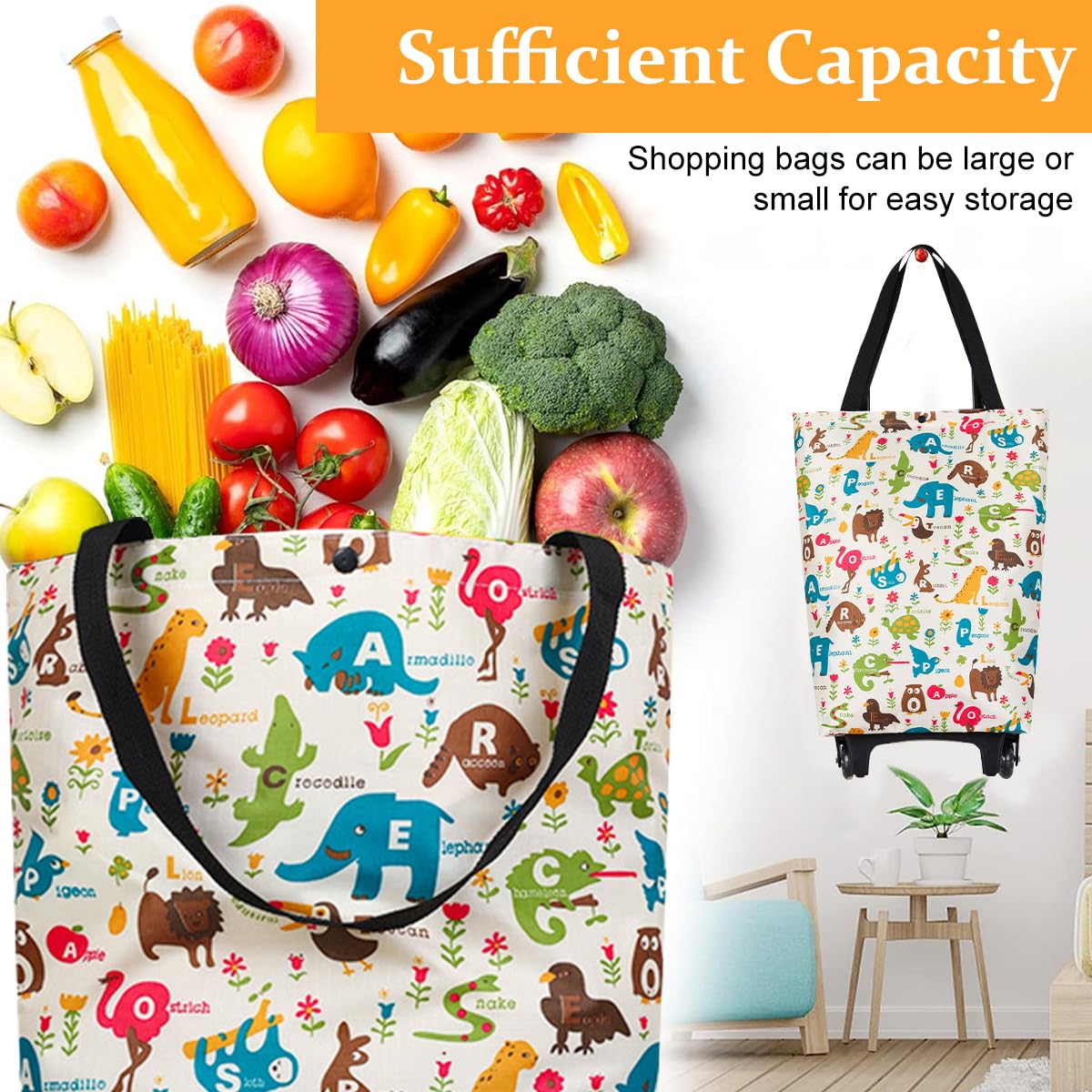 Portable Shopping Cart for Groceries with 20kg Capacity and Telescoping Handle | Waterproof Oxford Cloth featuring Shoulder Straps and Cartoon Print