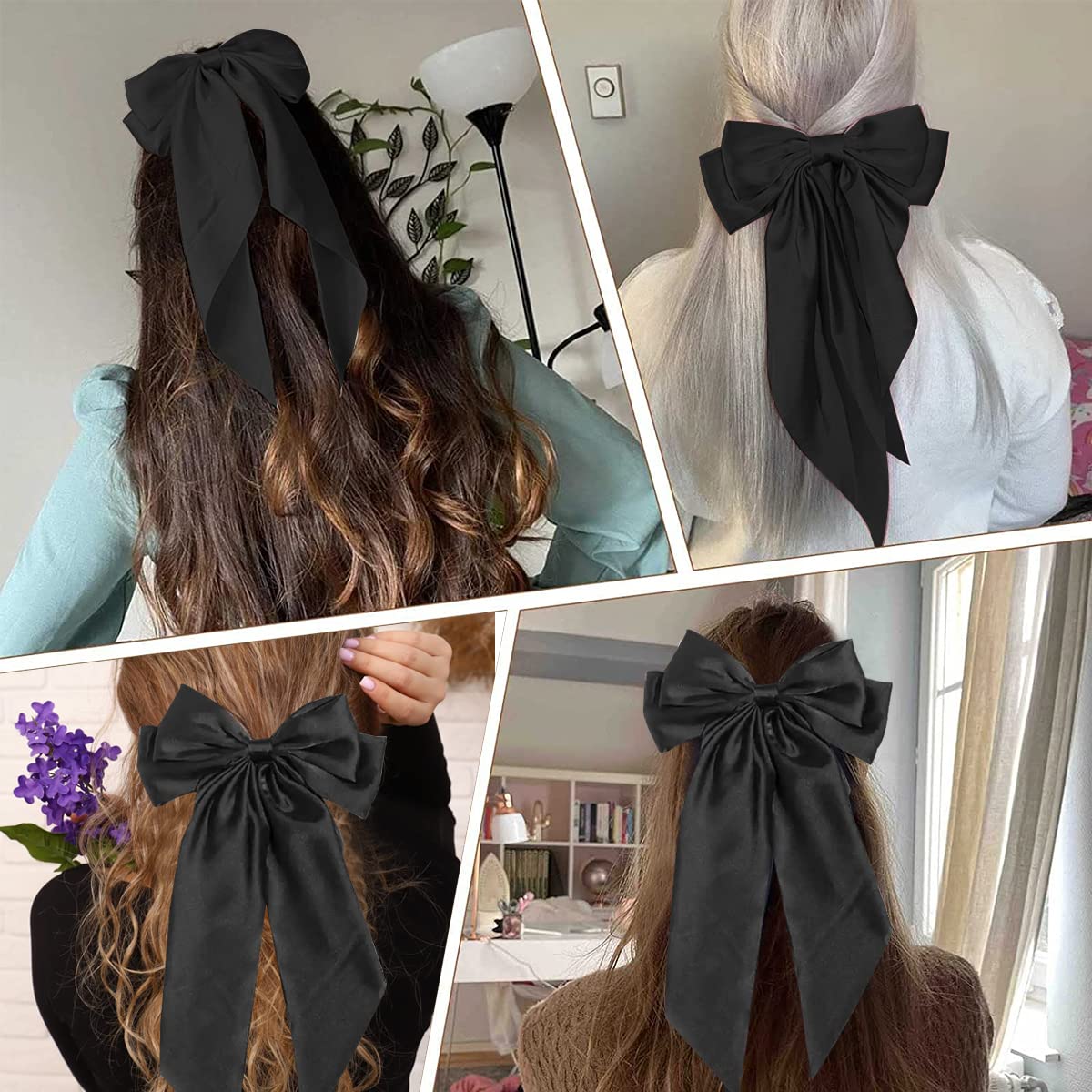 ZIBUYU Large Satin Hair Bow Clip for Women with Long Tail and Spring Snap | Elegant Black Accessory