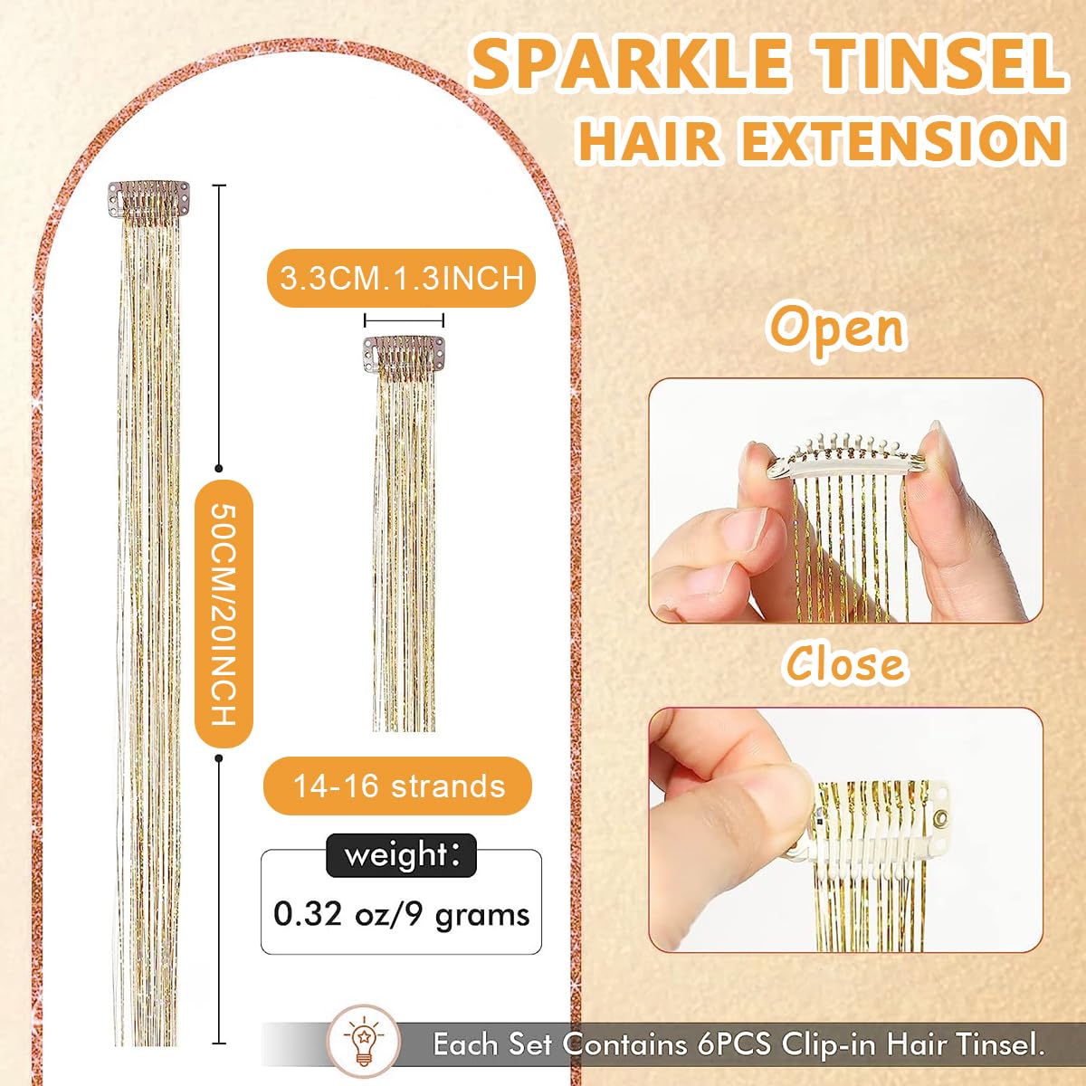 MAYCREATE® 6pcs Hair Tinsel Extensions, Brown Glitter Tinsel Strands, 20.5 inch Clip-on Shiny Tinsel Hair Extension, Heat Resistant Fairy Hair Glitter Kit for Women Girls Halloween Cosplay Party