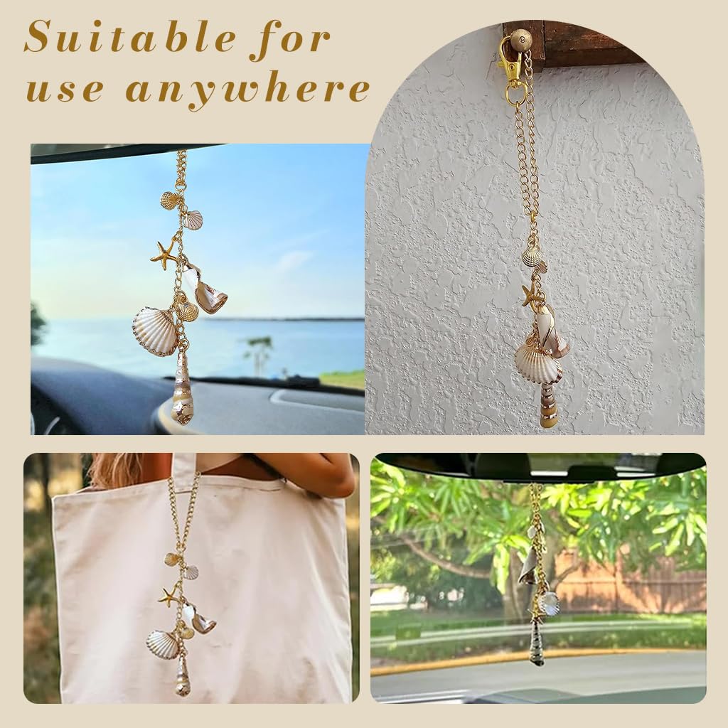 STHIRA Sea Shells Car Decor for Rear View Mirror with 8 in Hanging Charm and Metal Clasp | Boho Coastal Accent