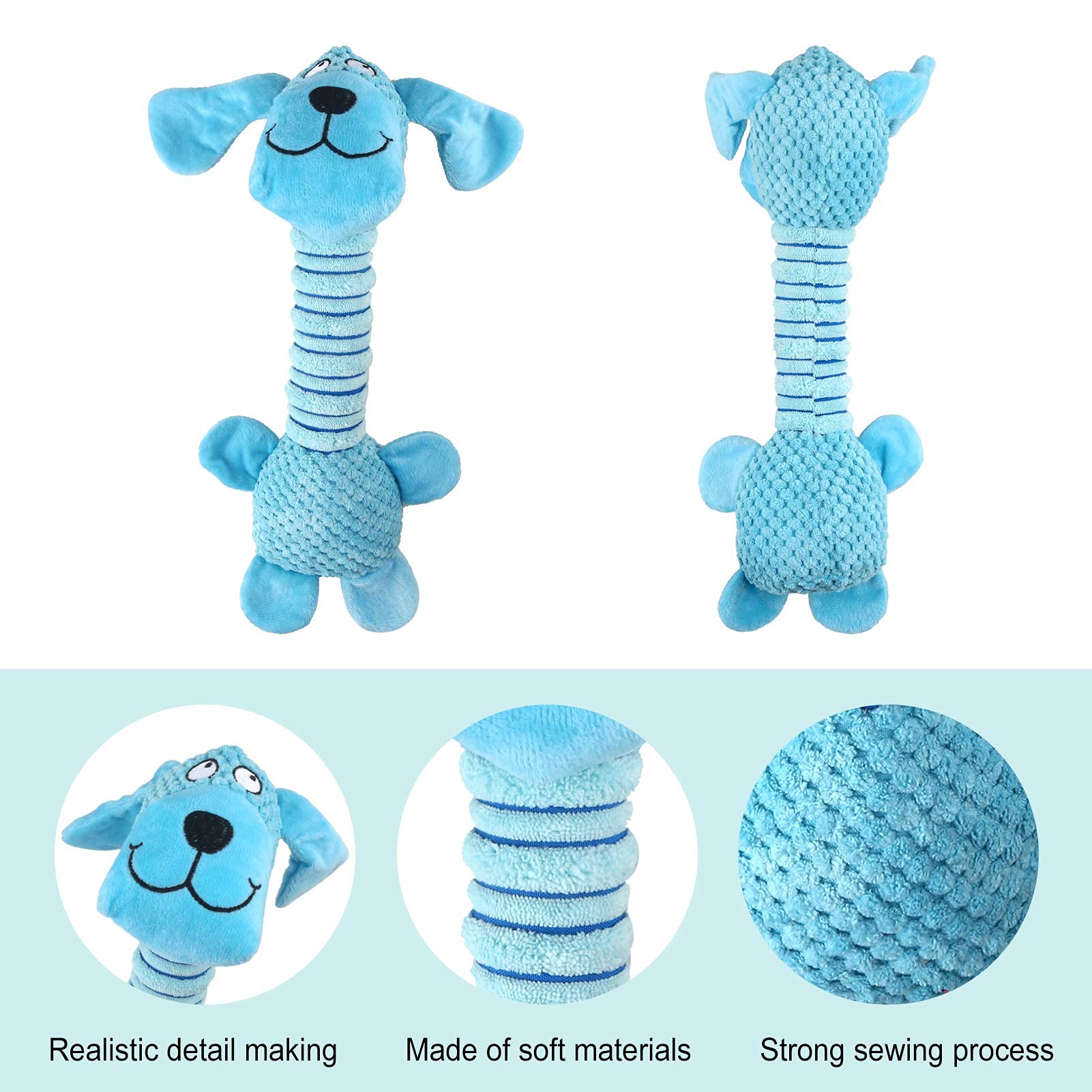 Qpets Plush Dog Toys for Puppy Play with Long Neck Squeaker | Cotton Chew Toy Blue