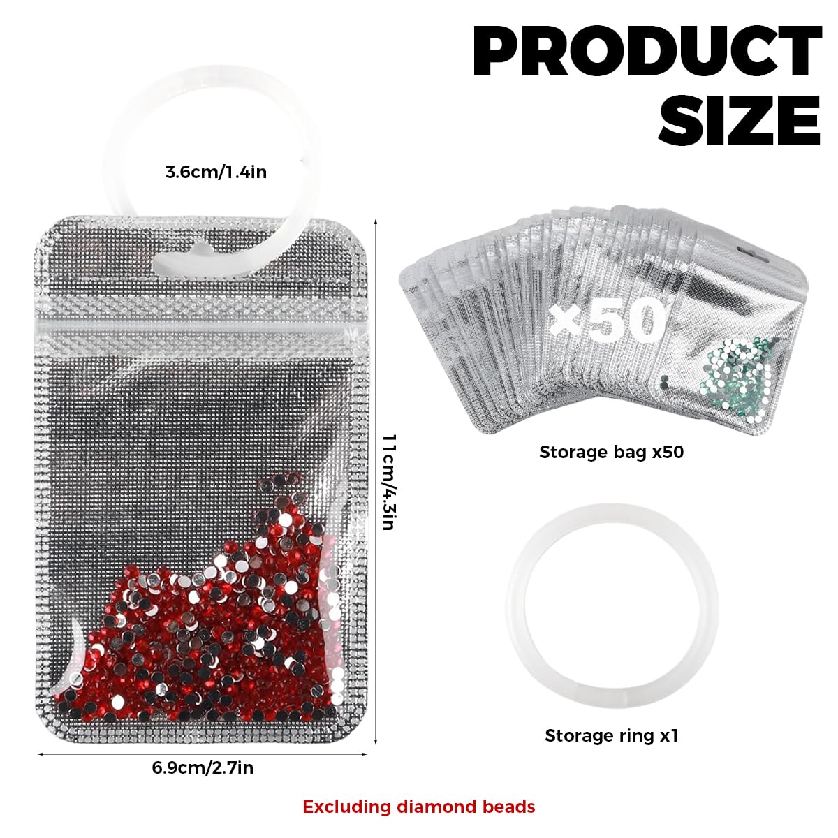 HASTHIP Diamond Pouches for Craft and Jewelry Storage with Ziplock and Clasp Ring | 50 Pcs Clear Non‑Woven Bags
