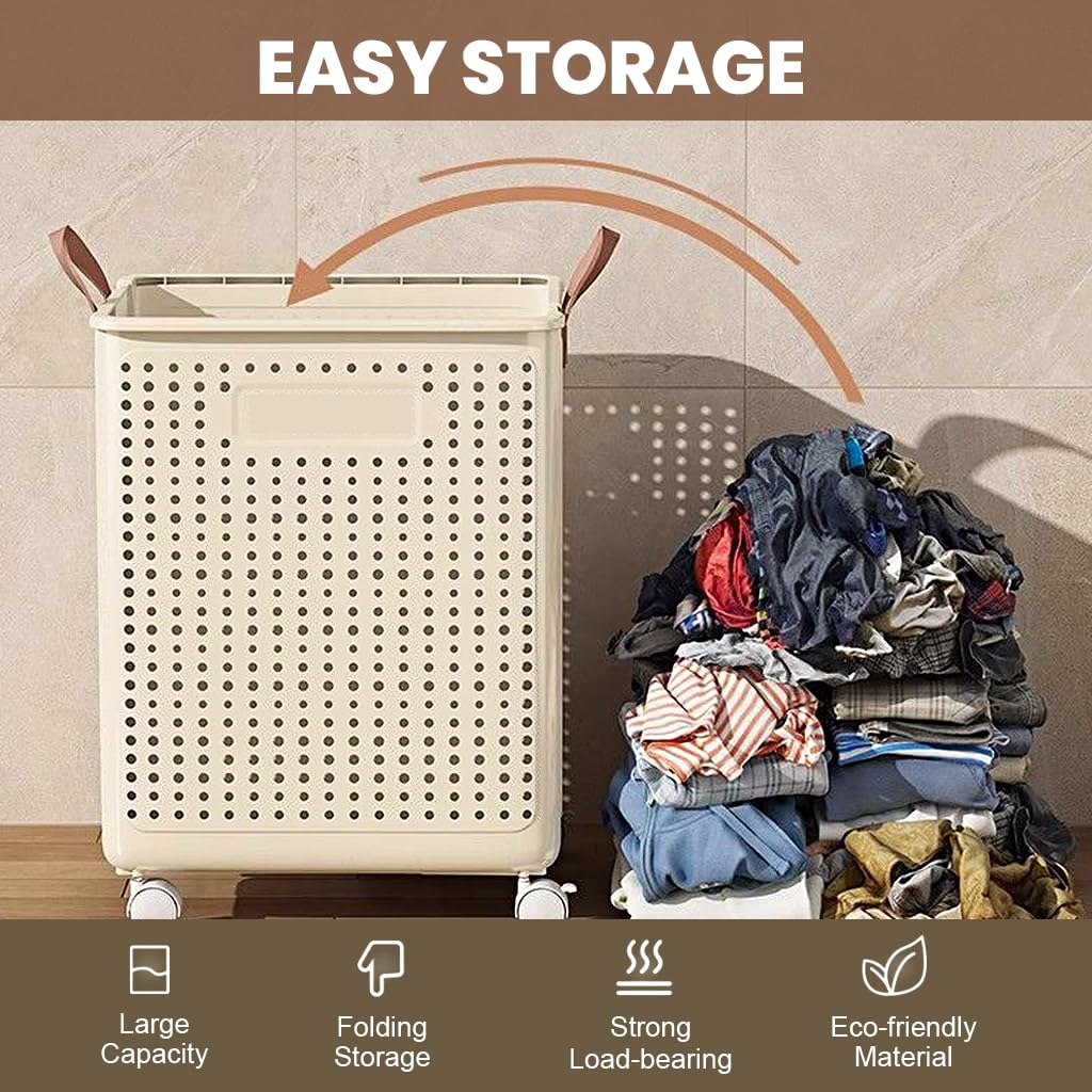 Supvox Laundry Basket Cart with Wheels for Easy Transport featuring Mesh Ventilation 37.7x31x50cm Plastic | Foldable Storage Solution