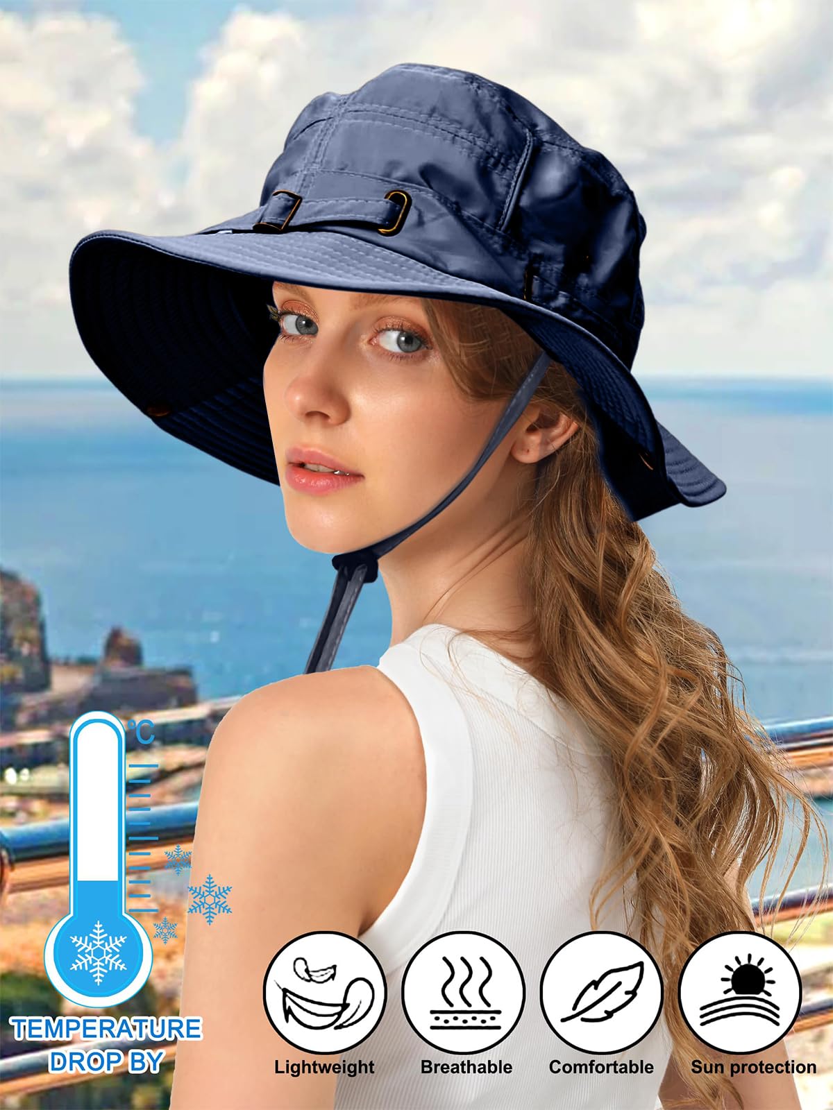 Zibuyu Sun Hat for Women with 8cm Wide Brim UPF 50+ UV Protection | Quick Dry Navy Cap