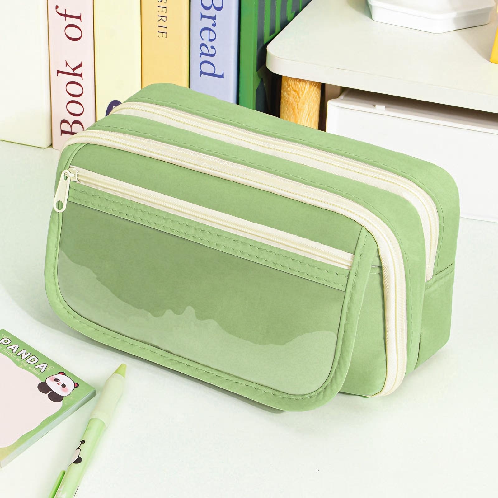Zibuyu Pencil Pouch for School and Office with Multi Layer Mesh Pockets | Green Organizer Bag