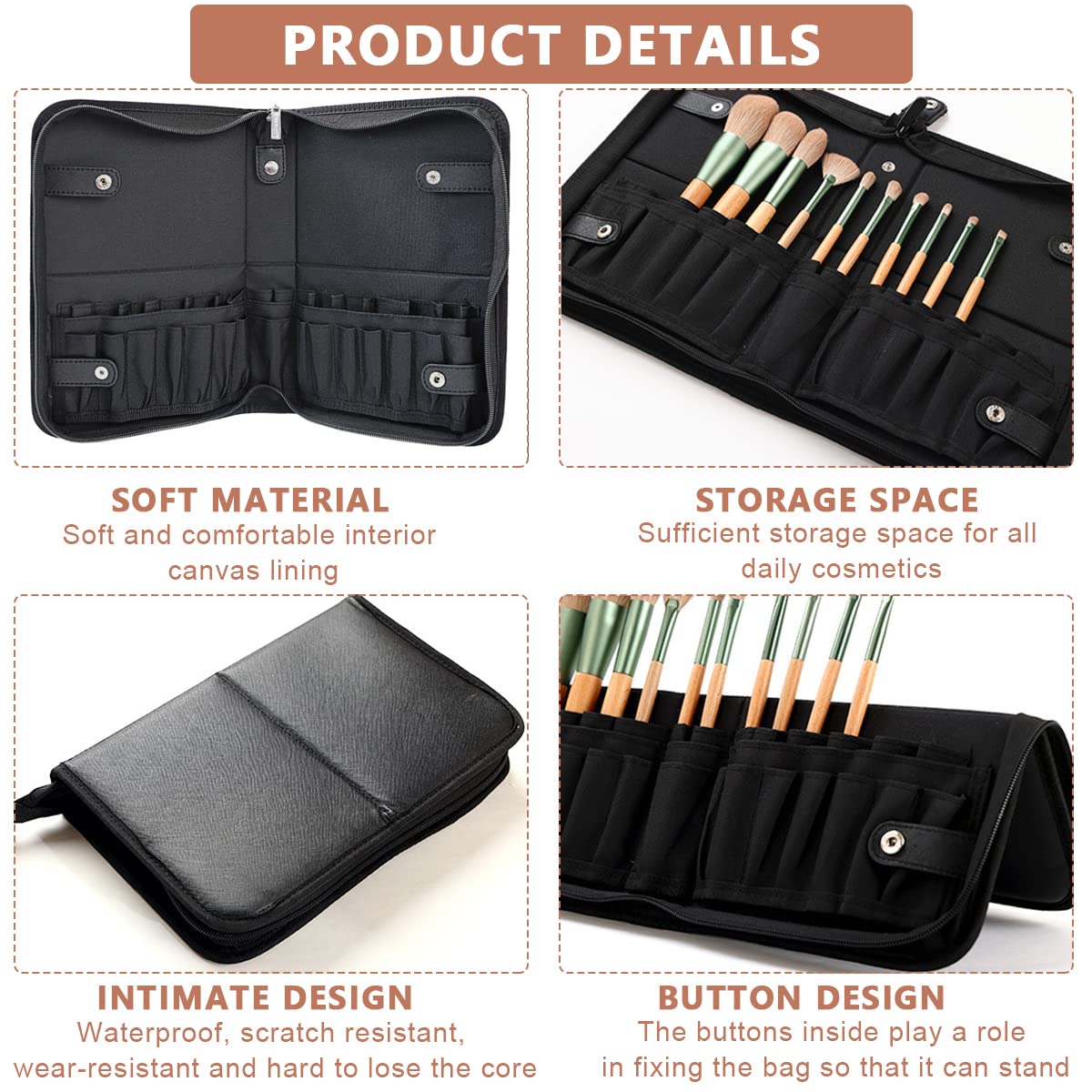 MAYCREATE Makeup Brush Holder Bag for Travel with 29 Elastic Pockets and Foldable Stand | Black